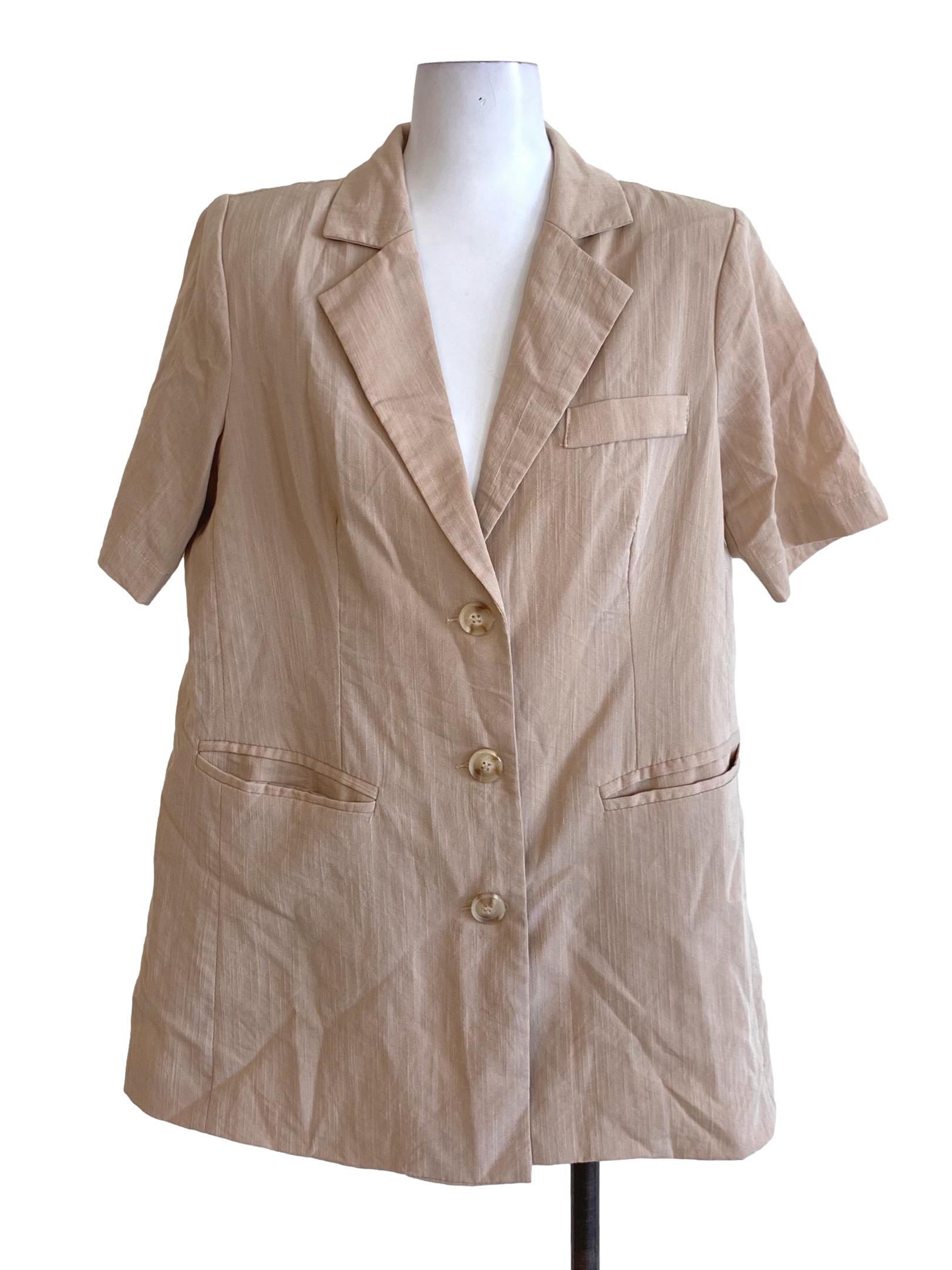 Beige Brown Notched Collar Buttoned Down Short Sleeve Blazer
