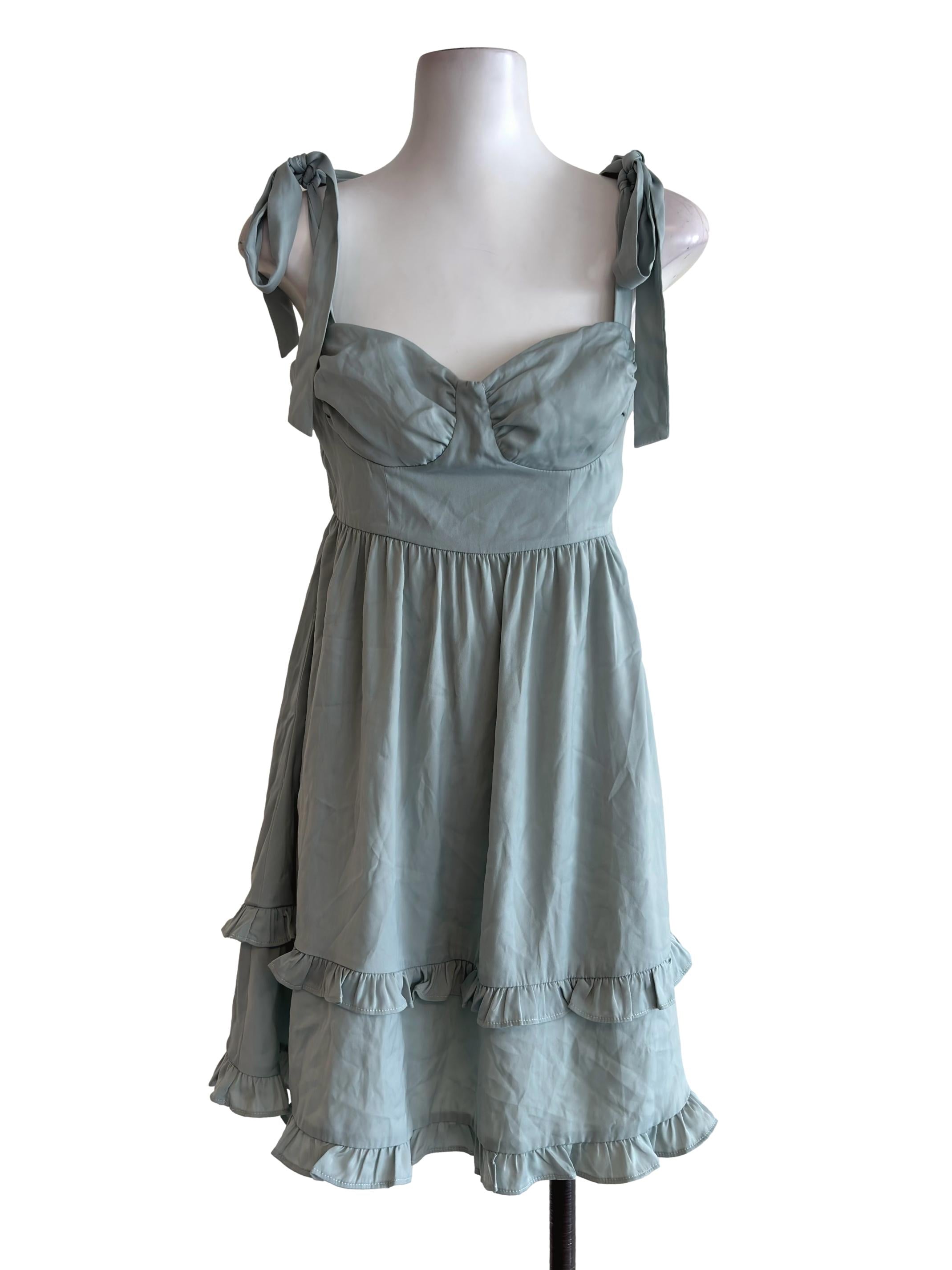 Sage Green Self Tie Strap Ruffle Romper