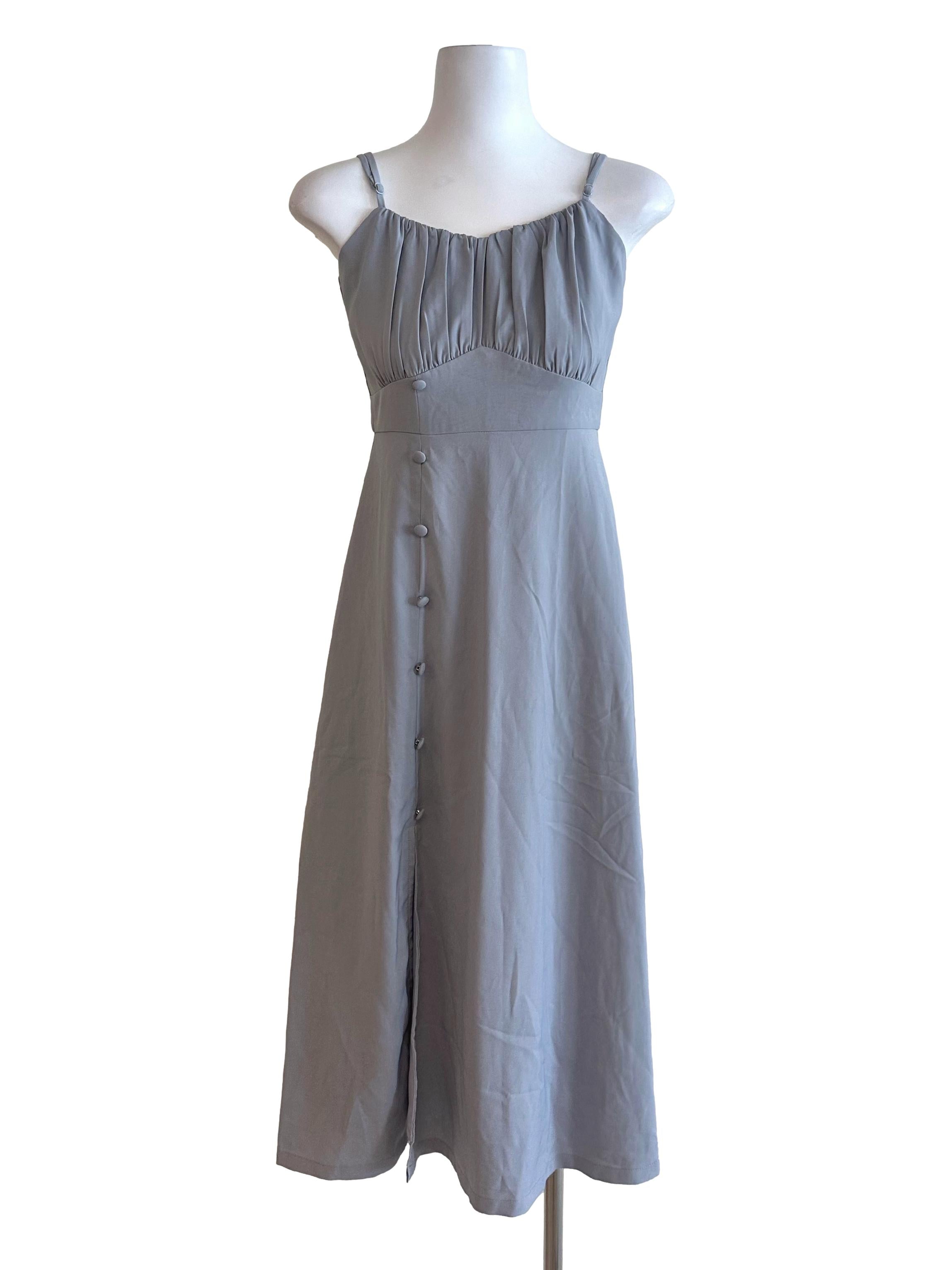 Dusty Blue Button Slit Dress