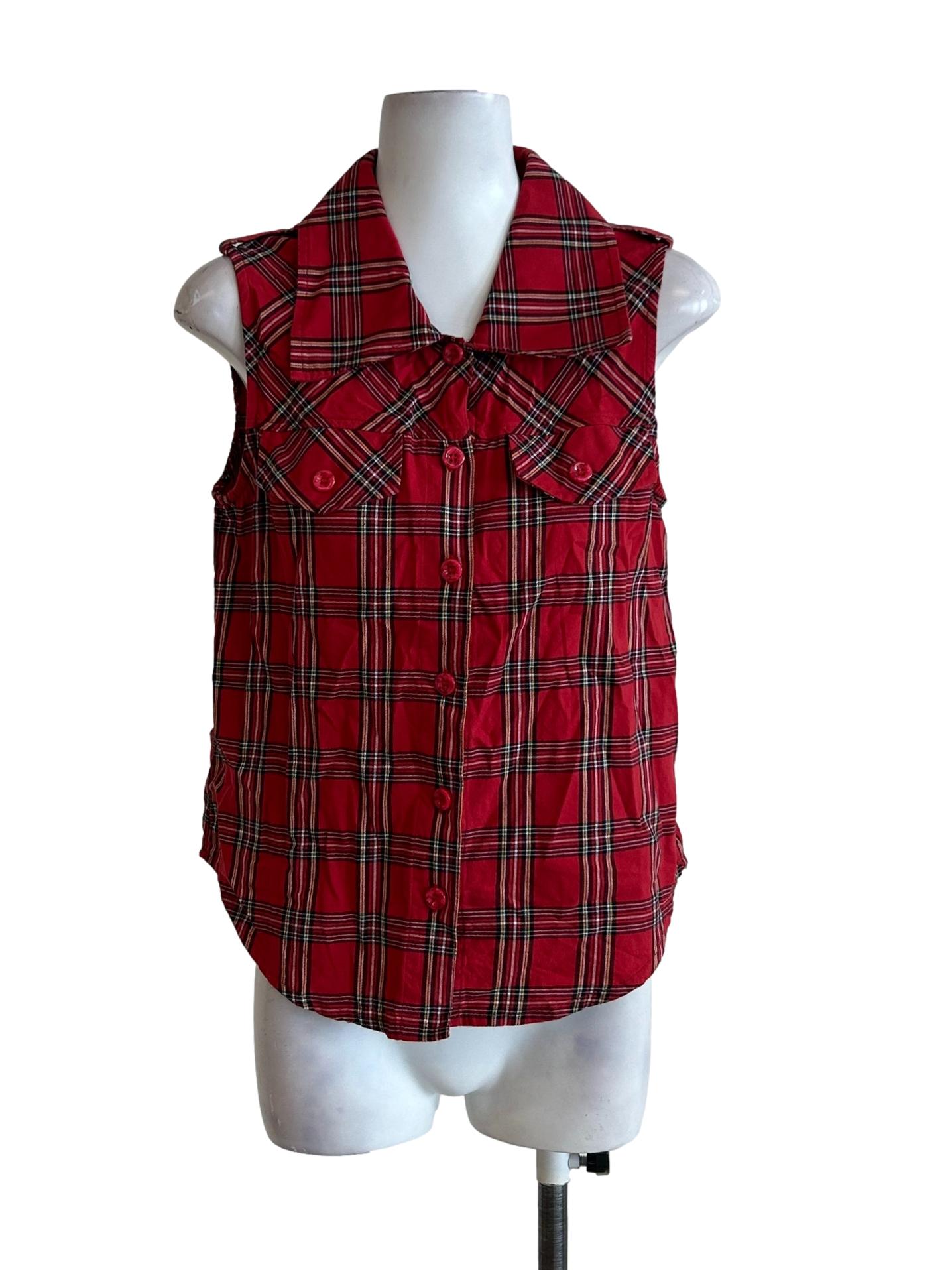 Red And Black Tartan Sleeveless Shirt