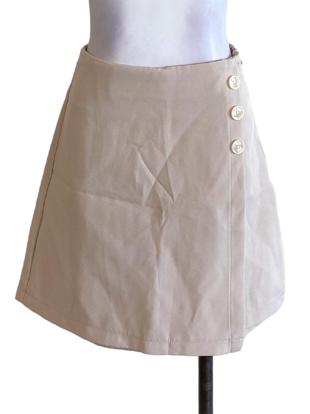 Beige Brown Side Buttoned Mini A-Line Skirt