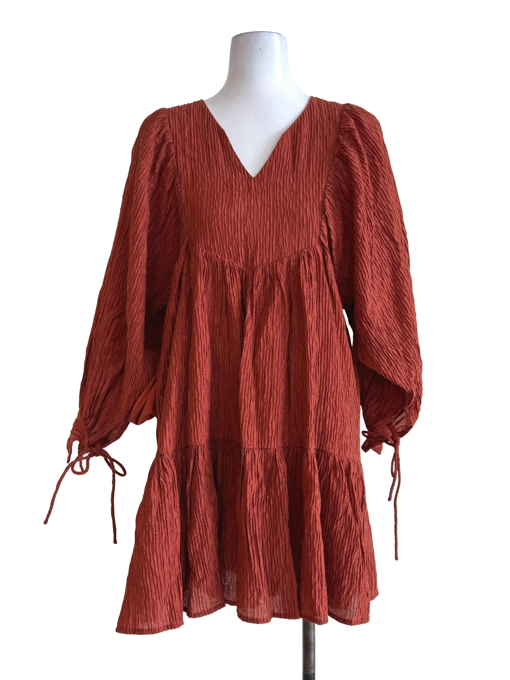 Brick Orange Crumpled Long Sleeve Dress
