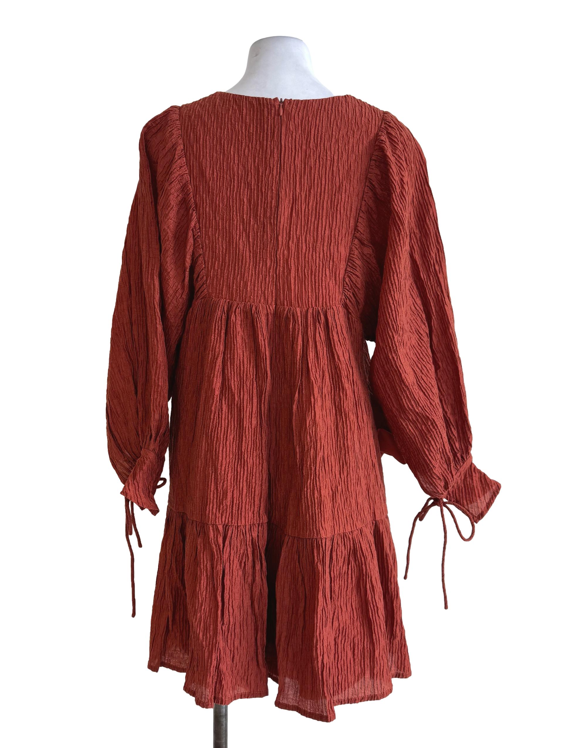Brick Orange Crumpled Long Sleeve Dress