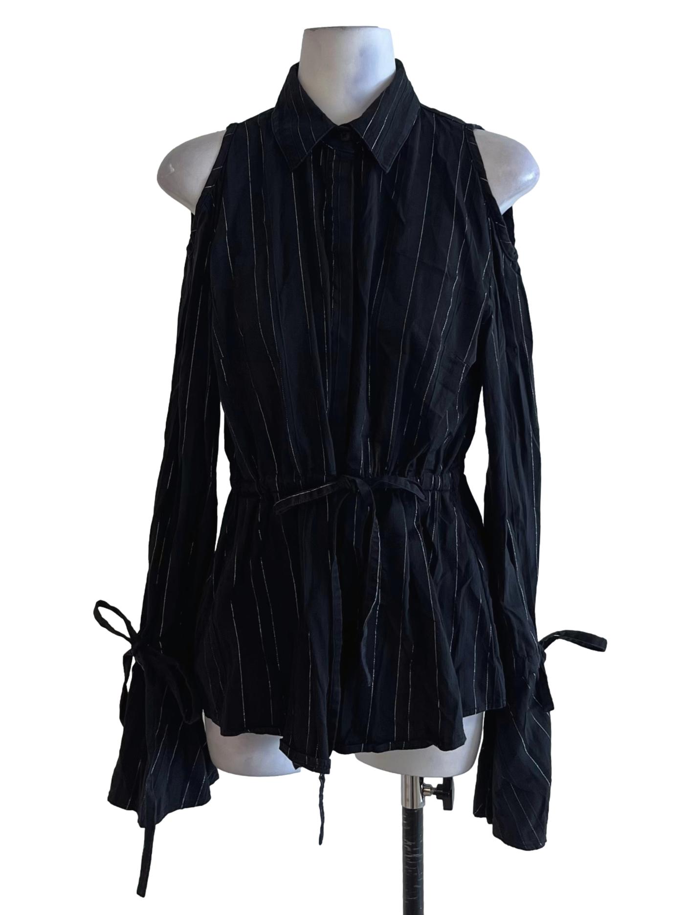 Black Pencil Stripe Button Down Blouse