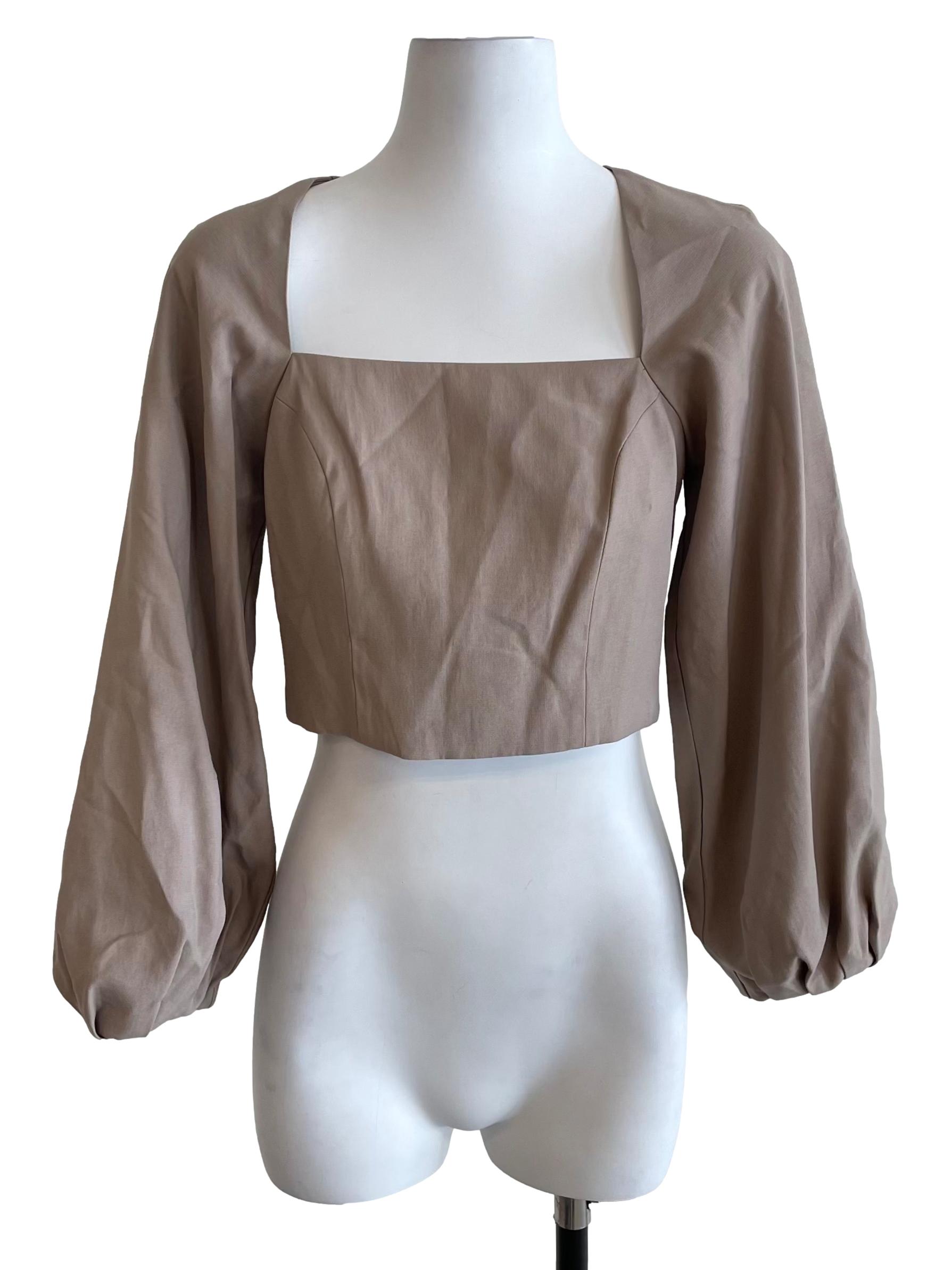 Cool Latte Beige Square Neck Long Puff Sleeves Top LB