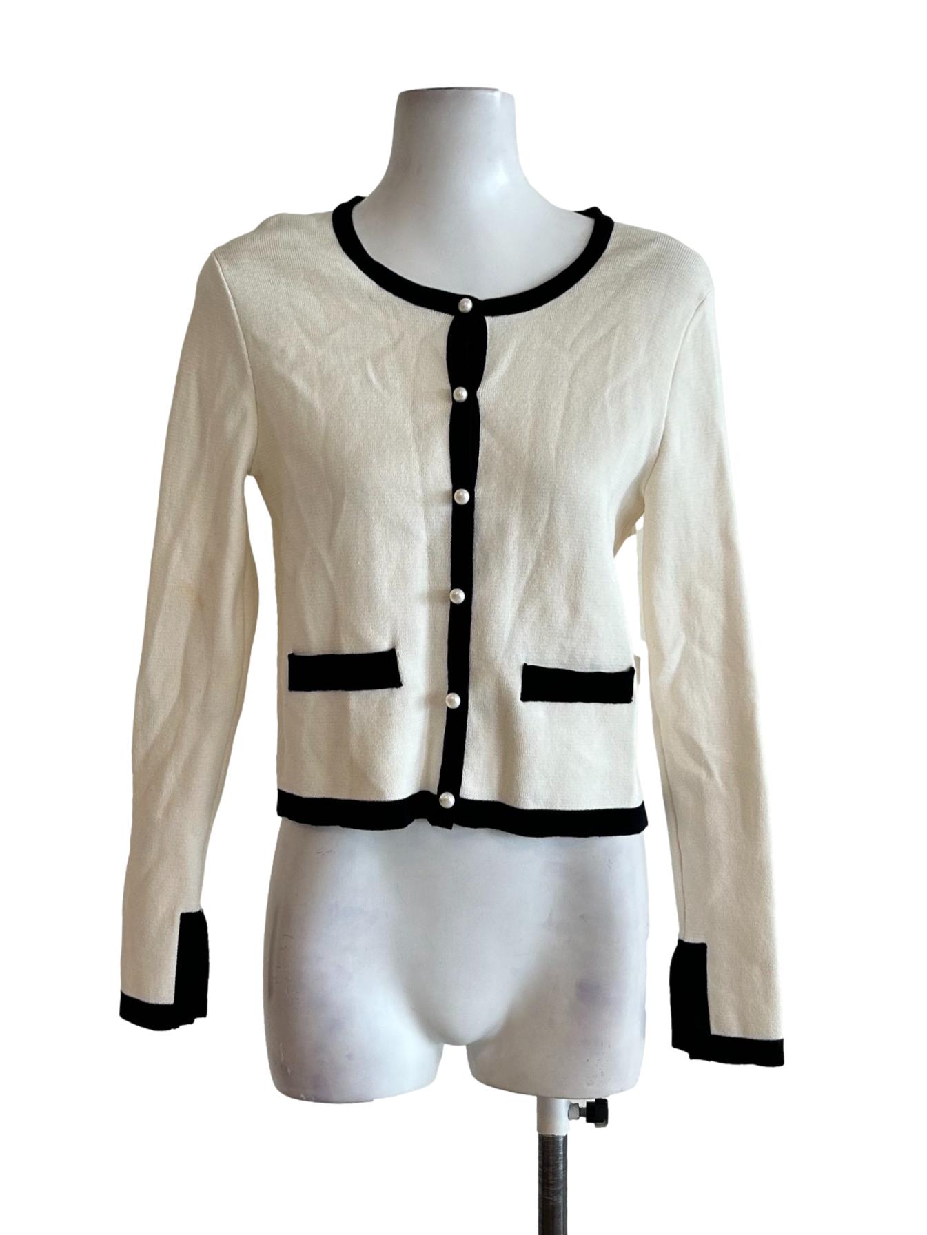 Ivory White And Black Knit Cardigan