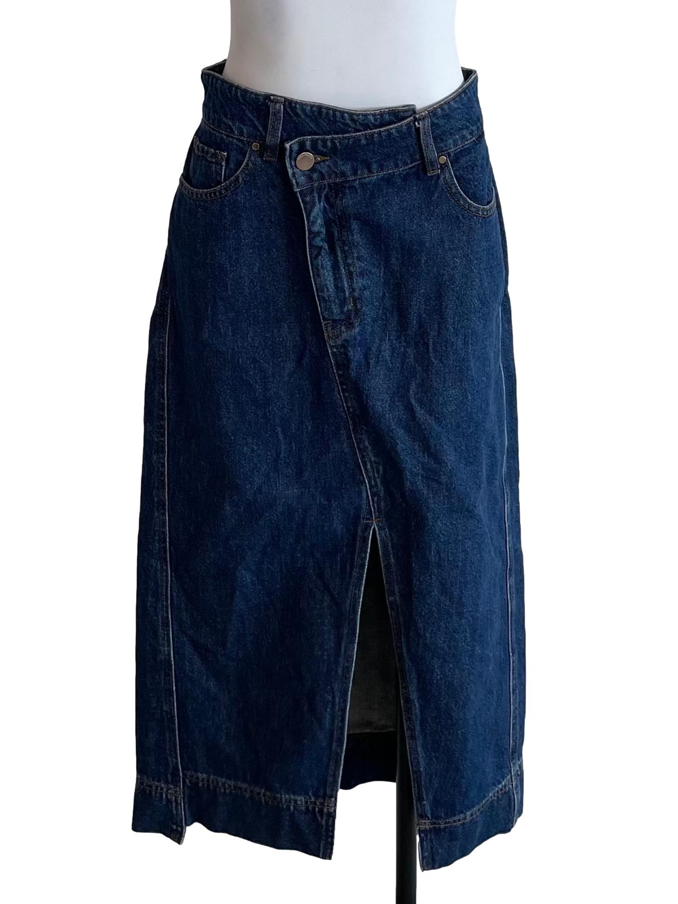 Dark Blue Slanted Slit Jean Skirt LB