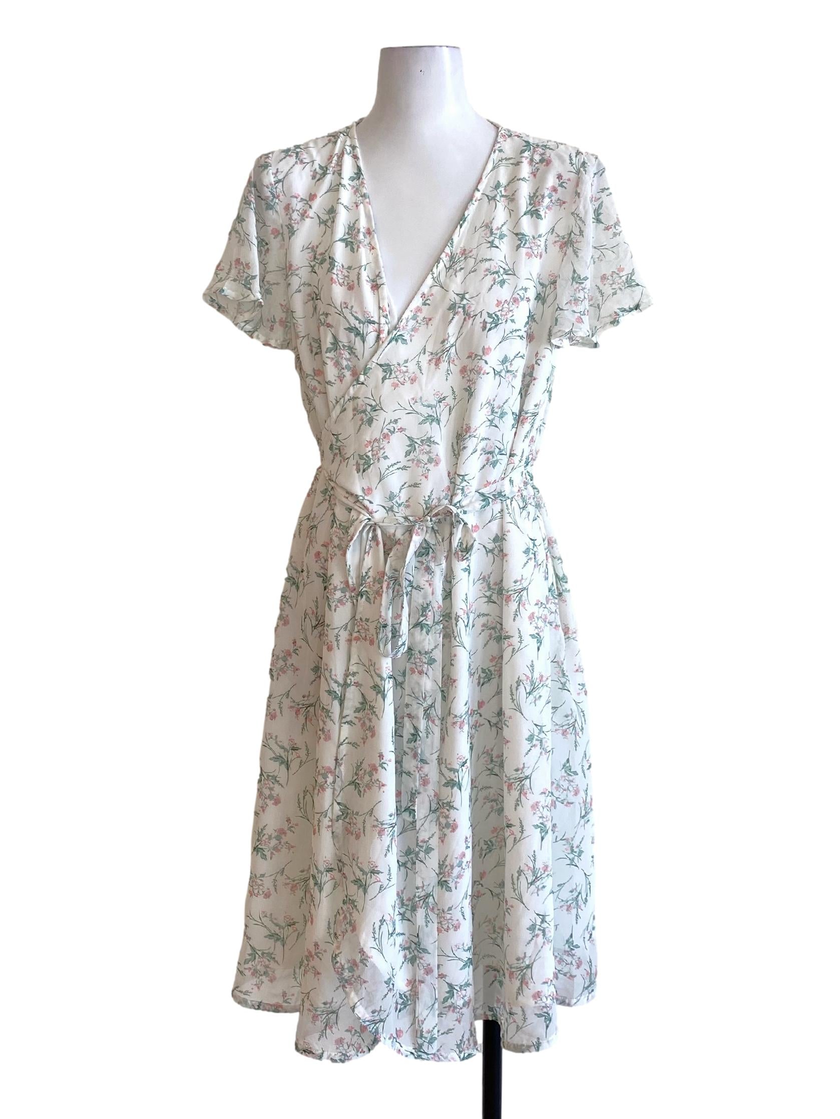 Soft White Floral V-Neck Tie Waist Slip Dress