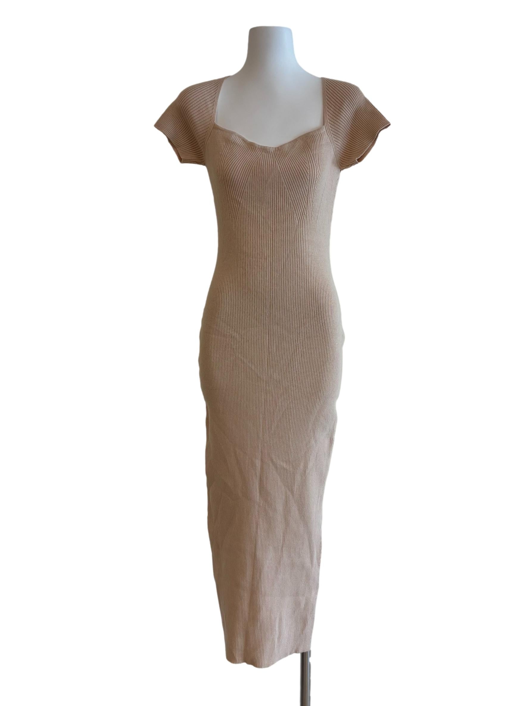 Beige Short Sleeve Ribbed Bodycon Dress