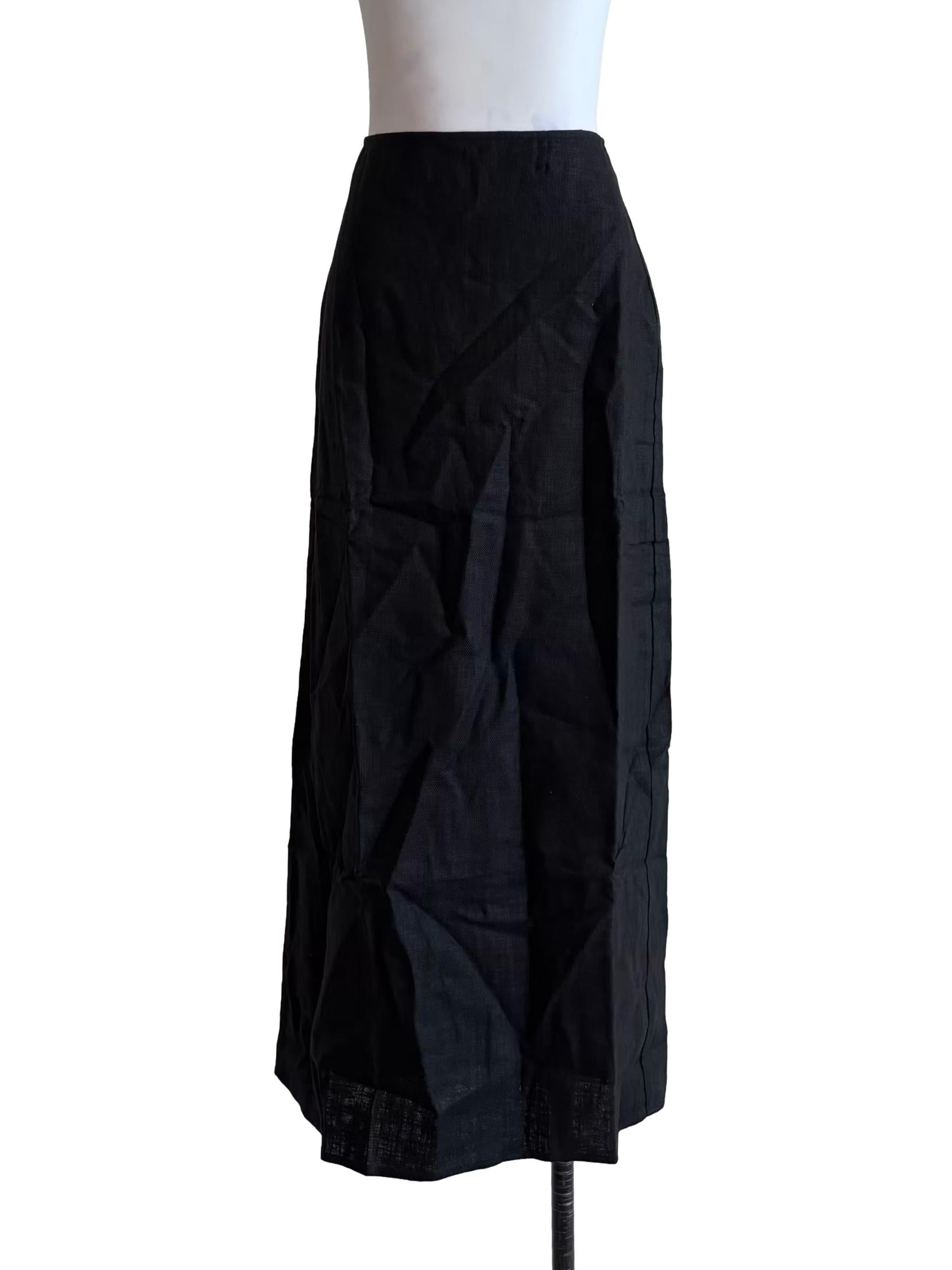 Jet Black Back Slit Linen Skirt