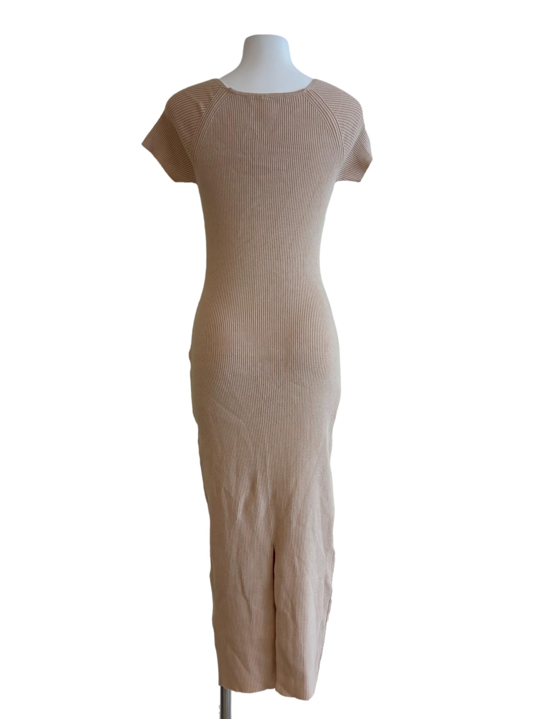 Beige Short Sleeve Ribbed Bodycon Dress
