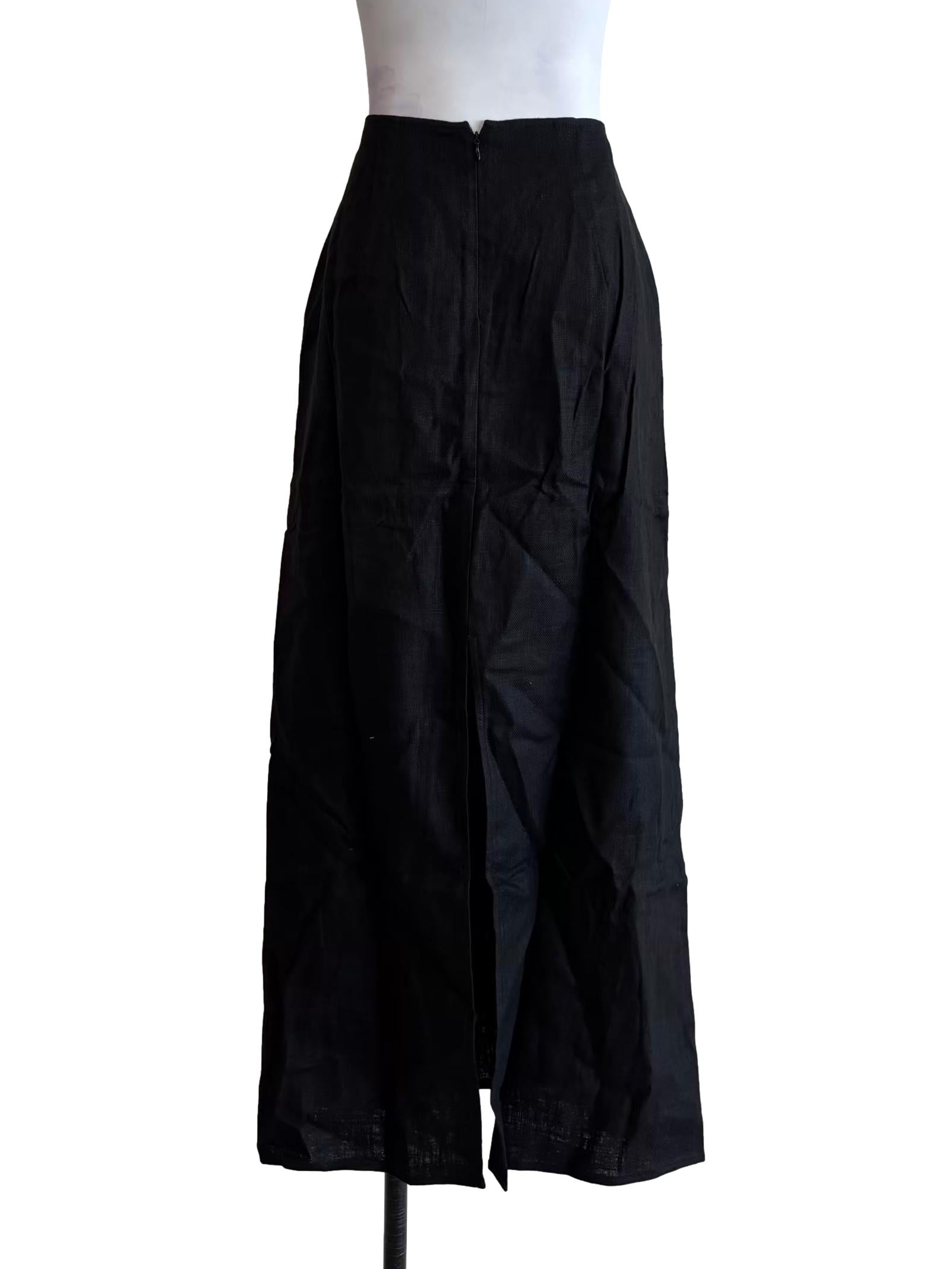 Jet Black Back Slit Linen Skirt