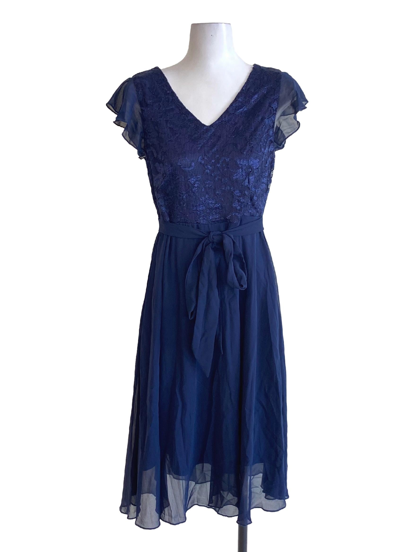 Navy Blue V-Neck Mesh Cape Sleeve Tie Waist Dress