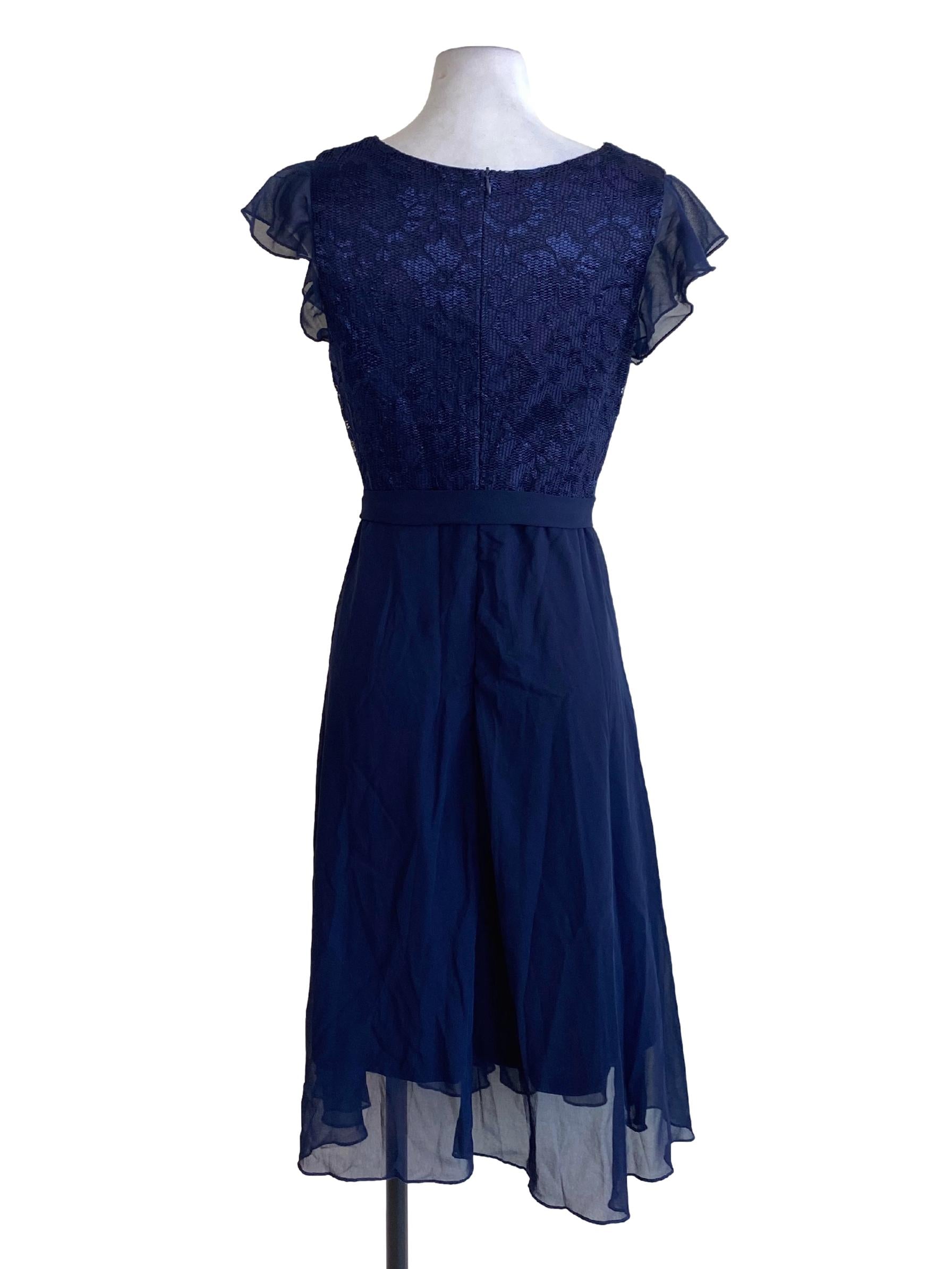 Navy Blue V-Neck Mesh Cape Sleeve Tie Waist Dress