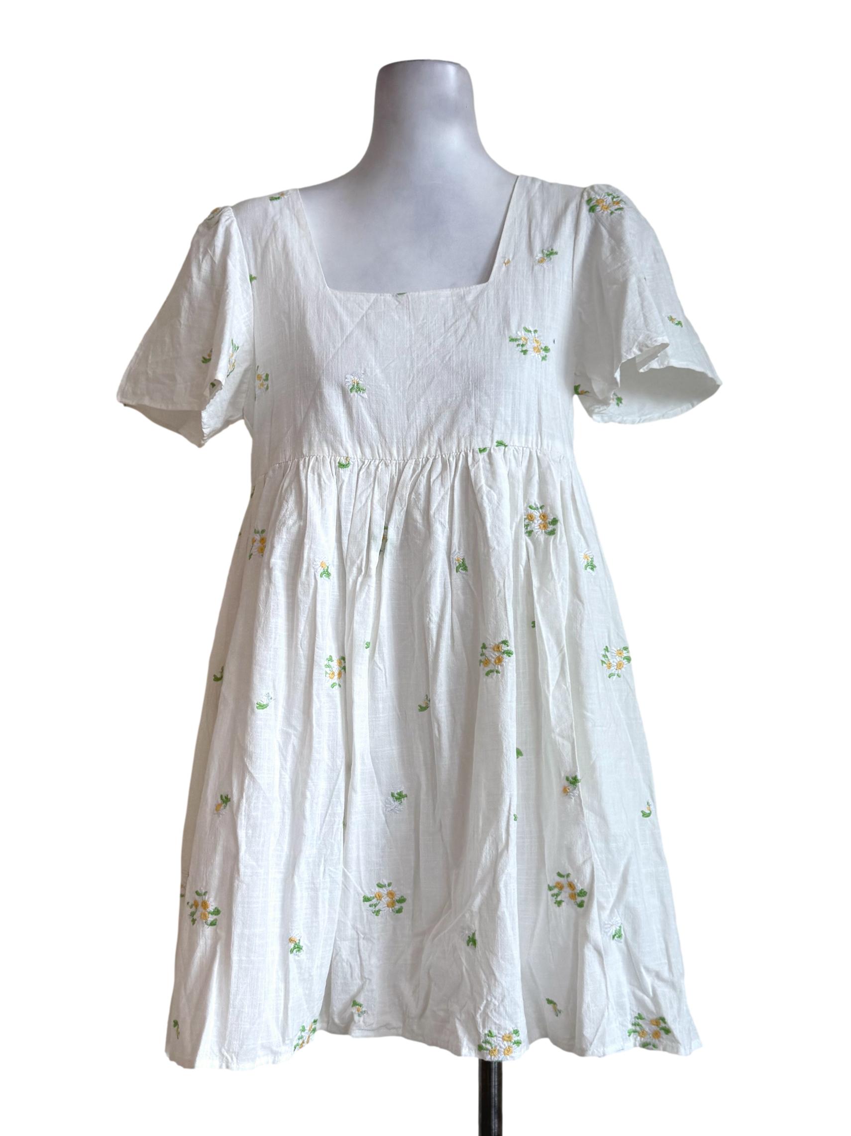 Cotton White Embroidery Square Neck Dress