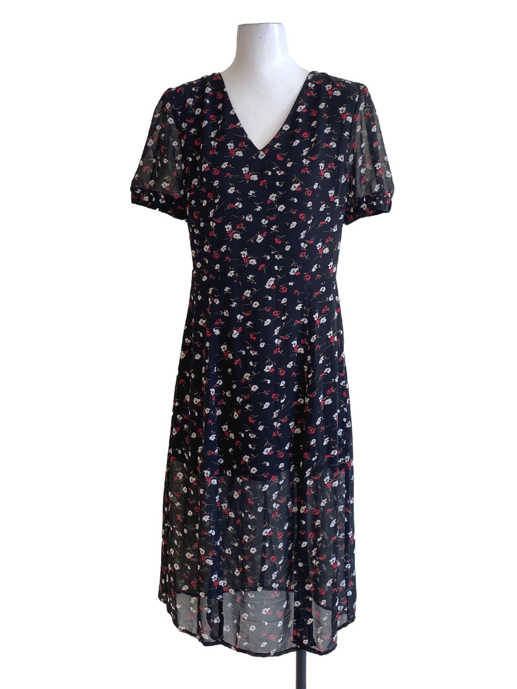 Jet Black Floral Printed V-Neck Dress