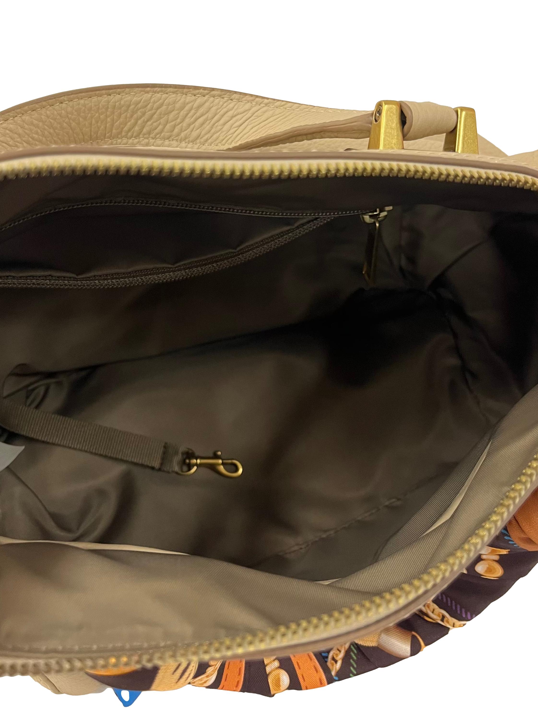 Beige Textured Handbag With Detachable Crossbody Strap