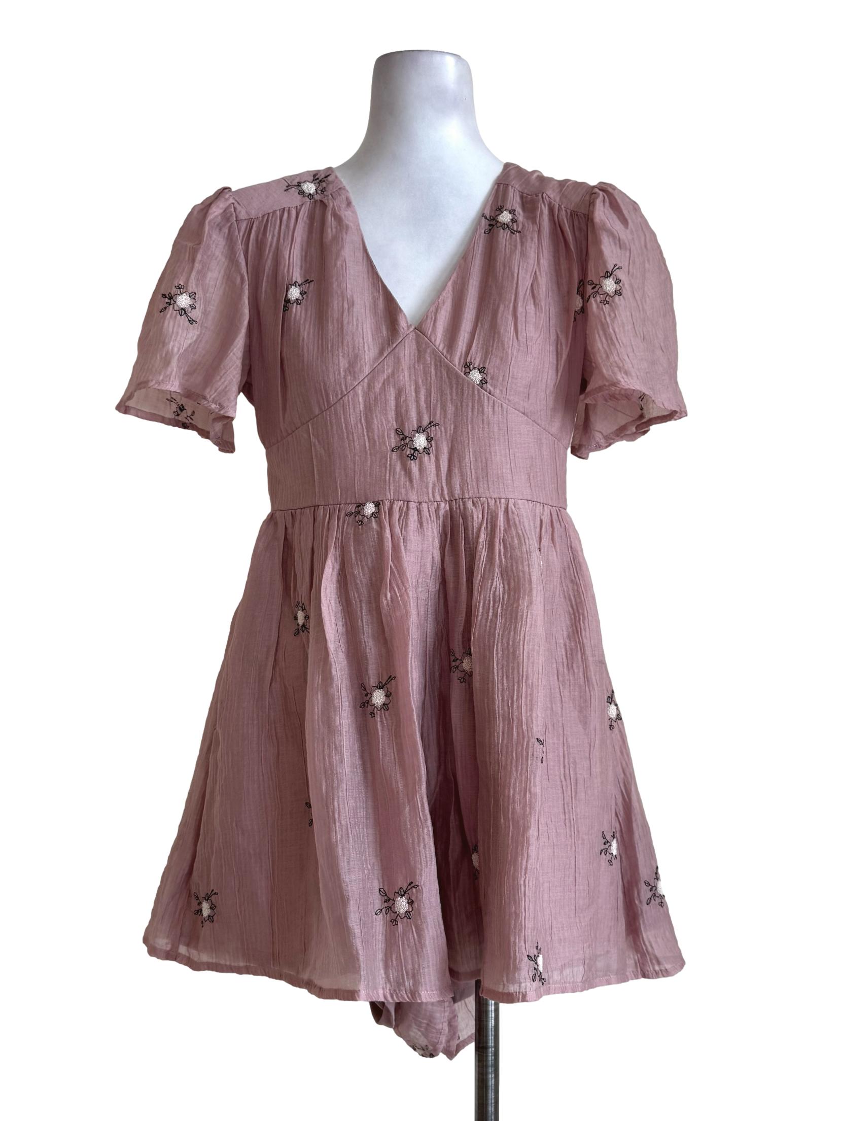 Dusty Pink Embroidery V Neck Rompers