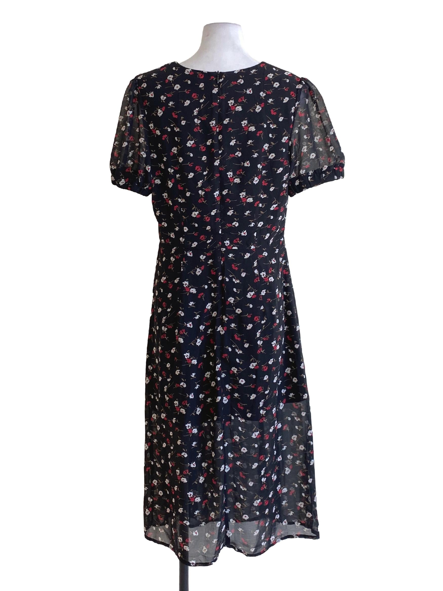 Jet Black Floral Printed V-Neck Dress