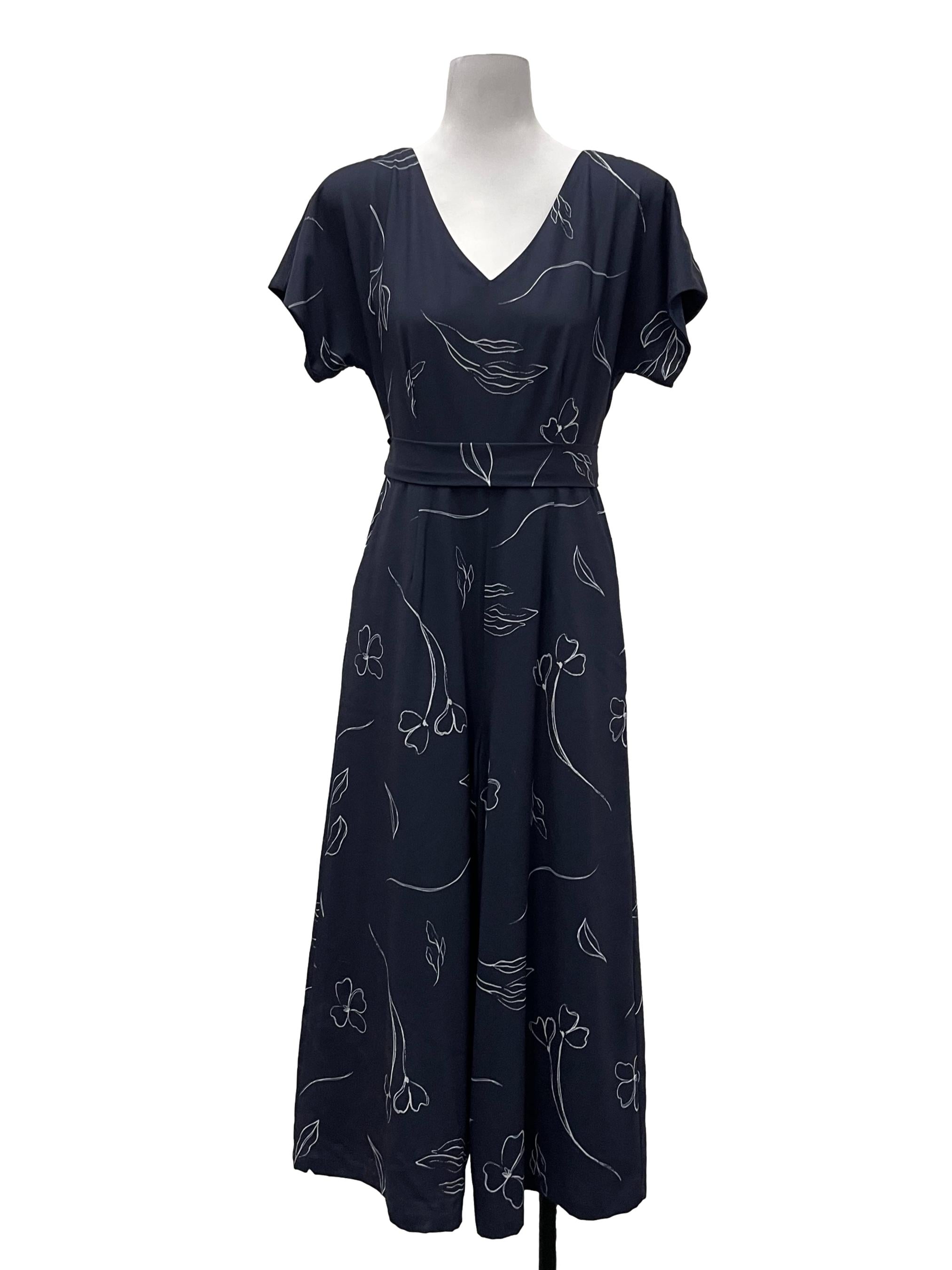 Navy Blue V-Neck Jumpsuit With Lined Leaves