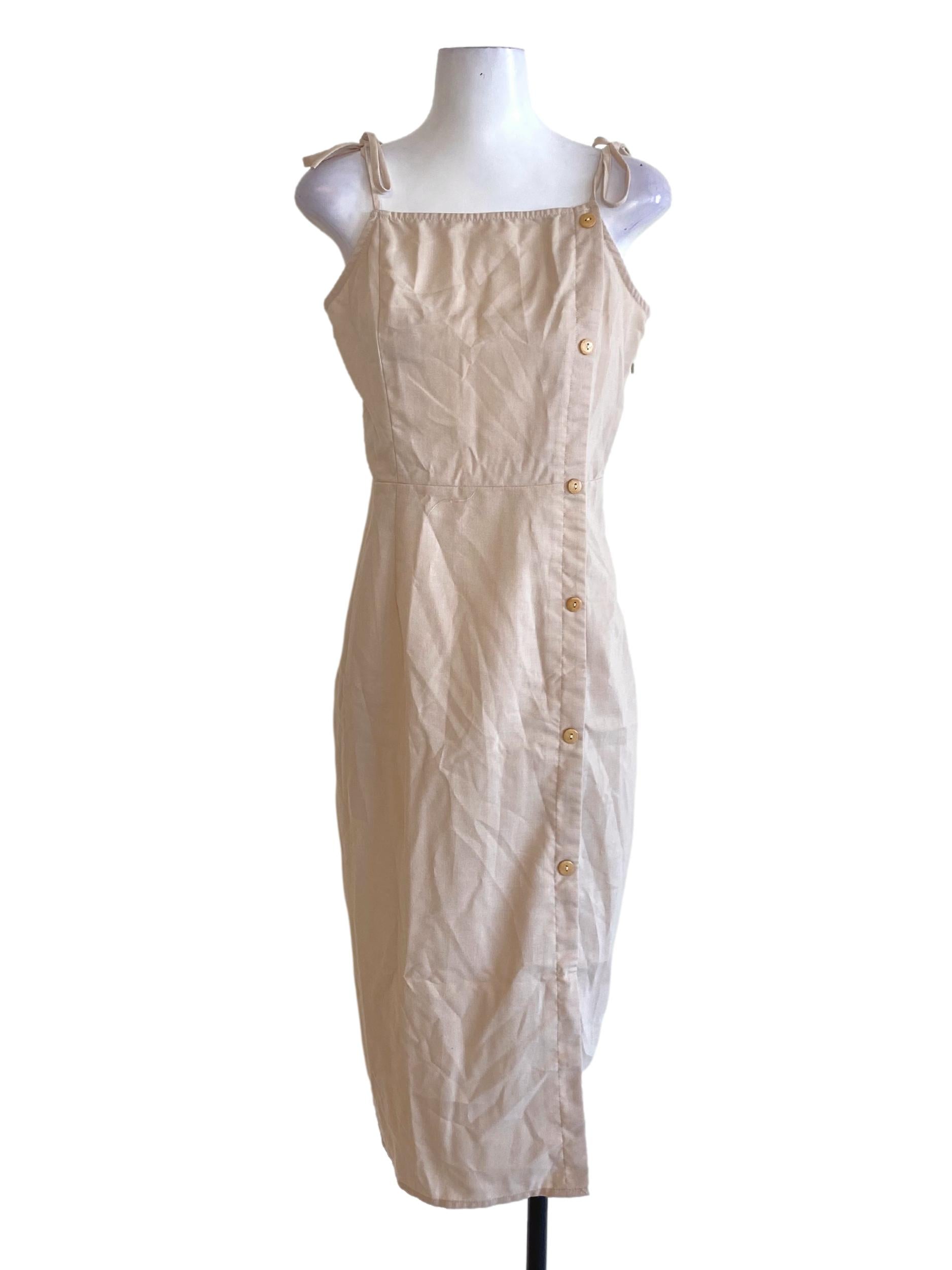 Beige Brown Buttoned Down Tie Strap Shift Dress