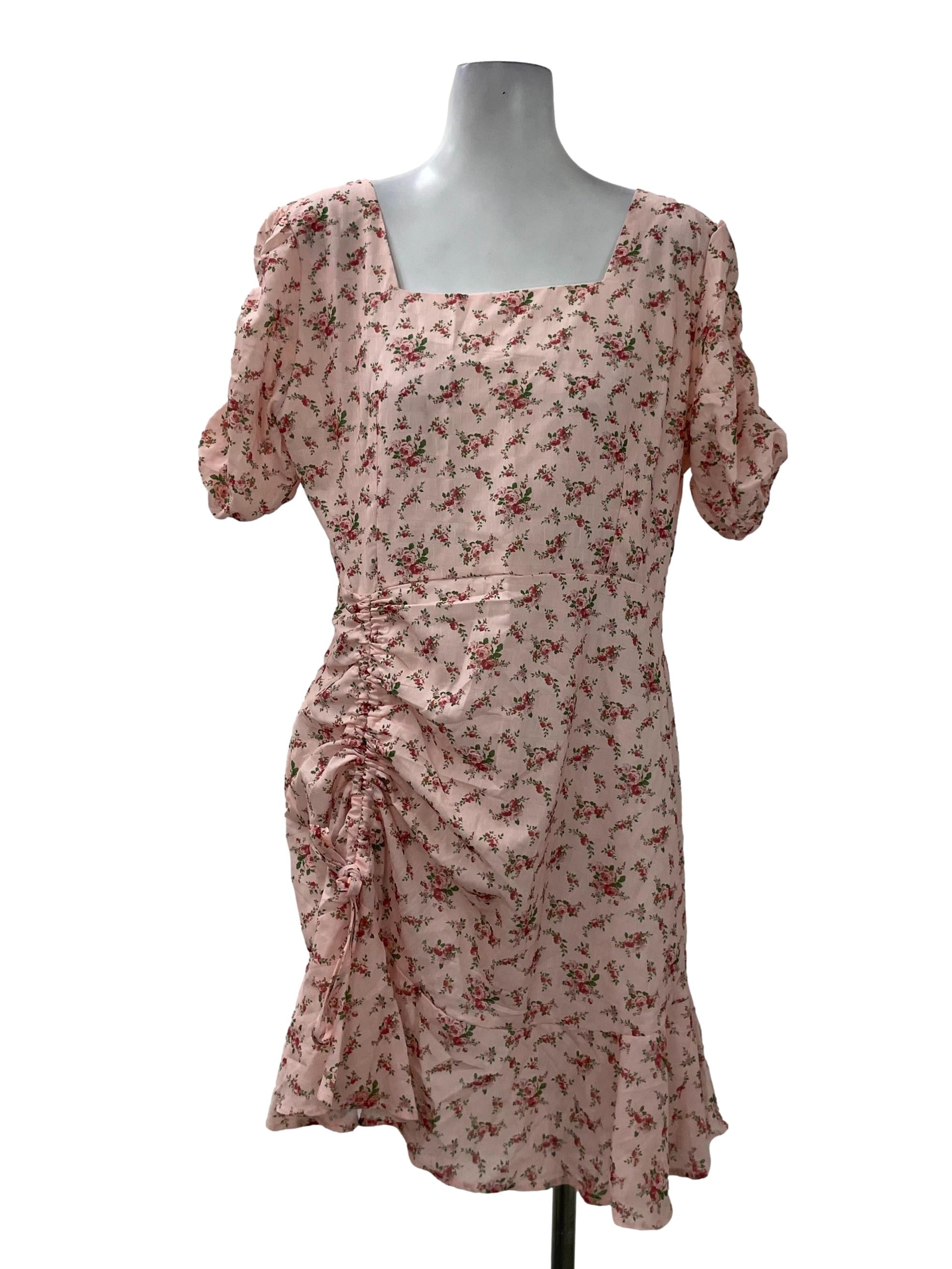 Pink Floral Ruched Dress
