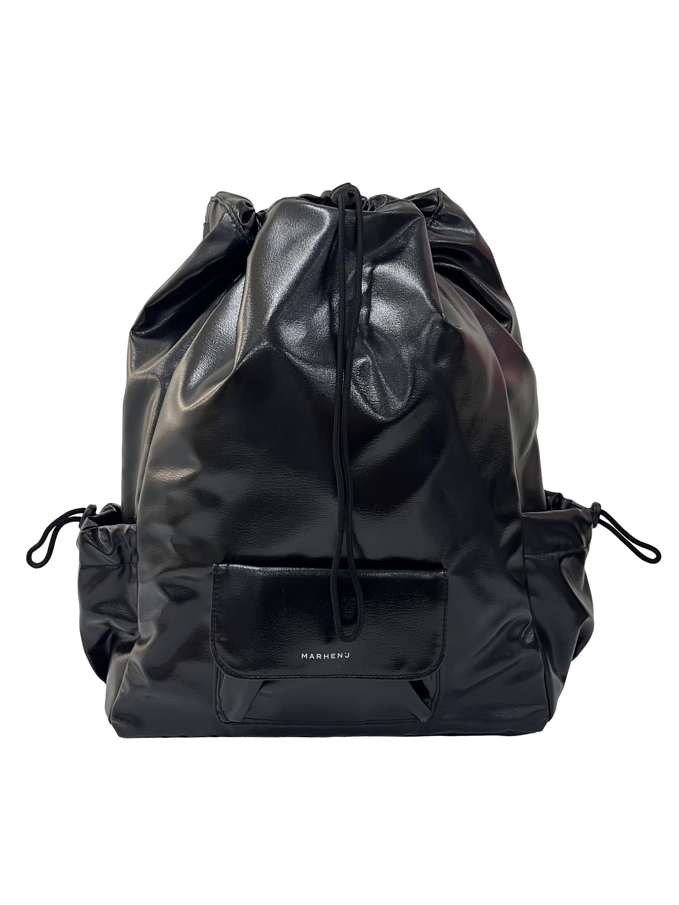 Black Textured Backpack With Drawstring Closure