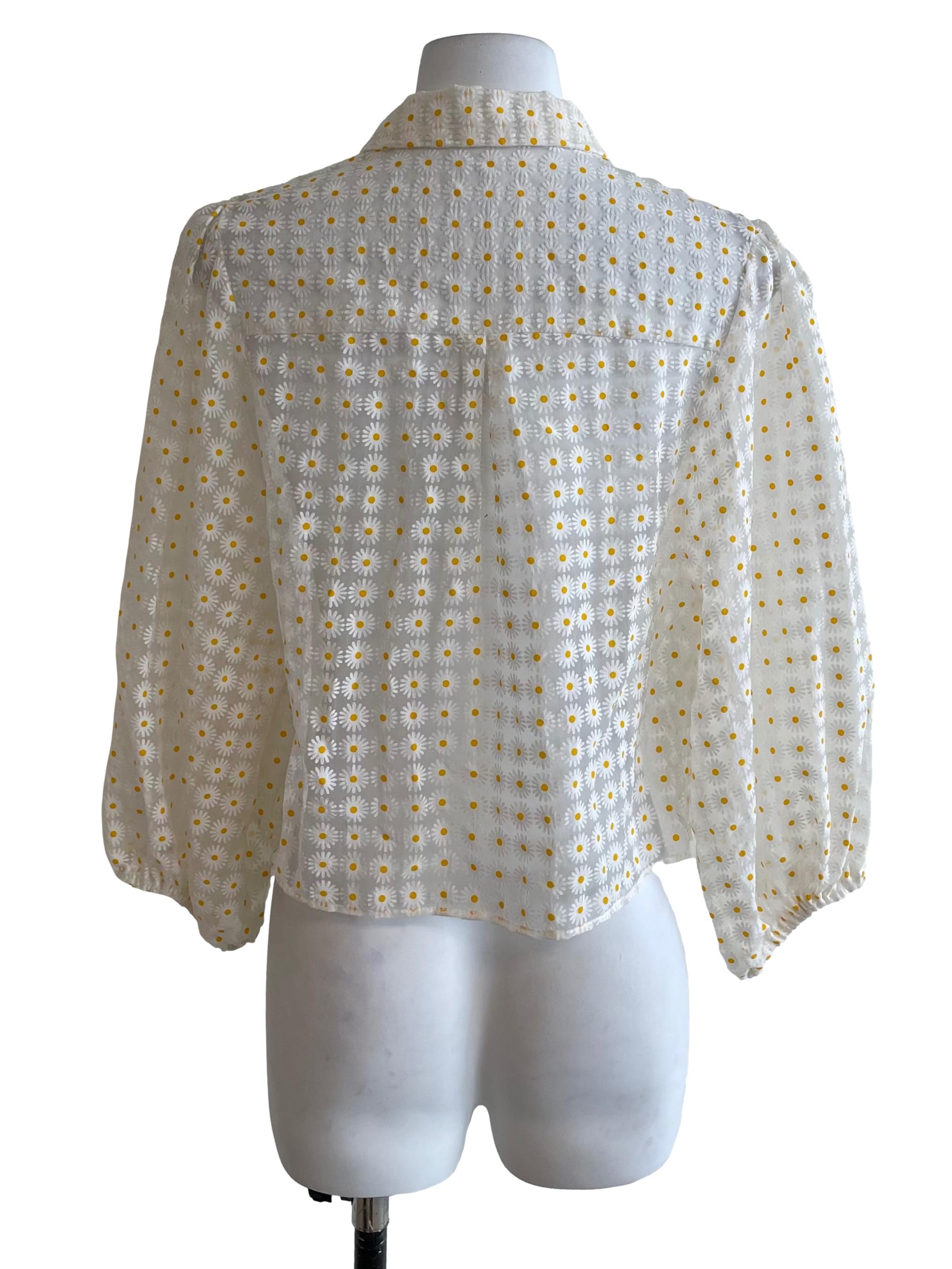 White Daisy Puff Sleeves Sheer Blouse