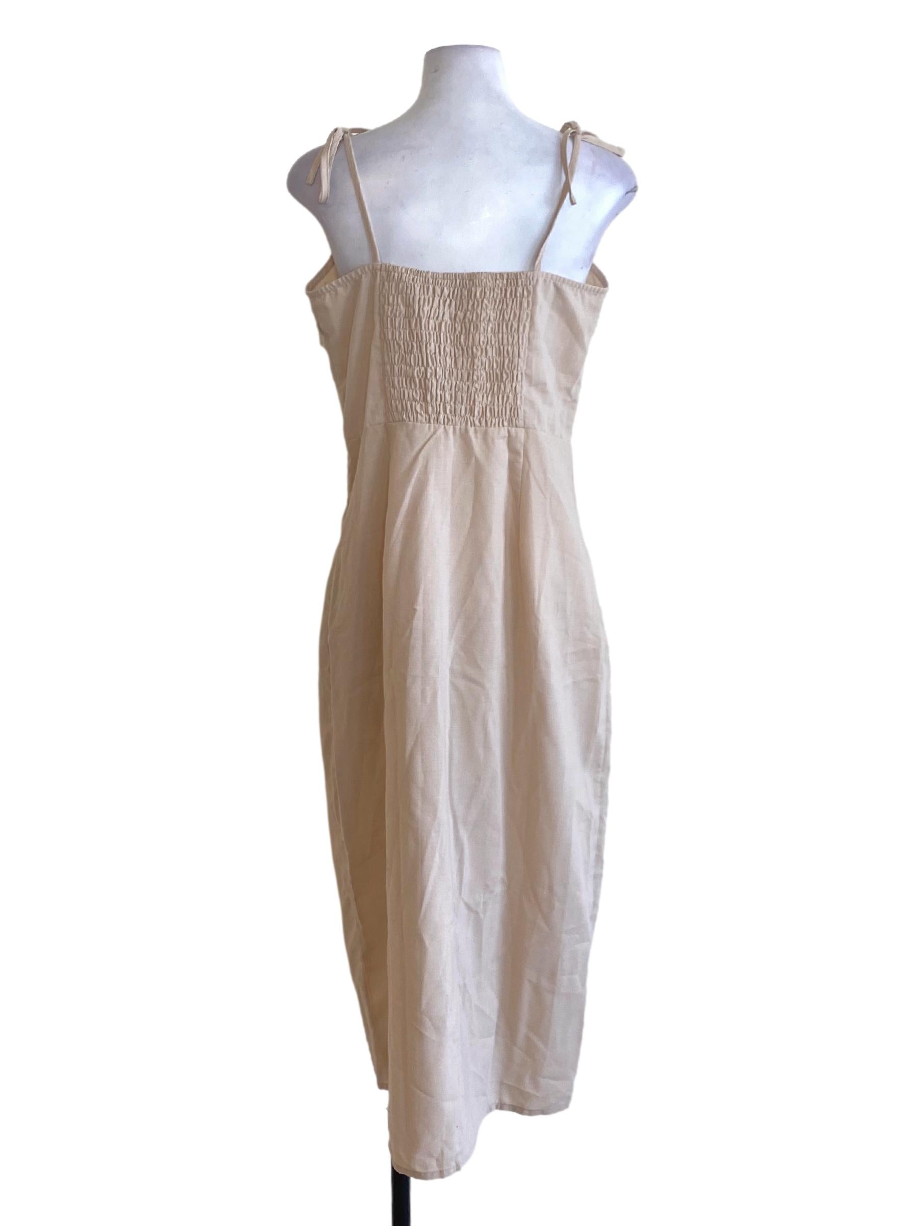 Beige Brown Buttoned Down Tie Strap Shift Dress