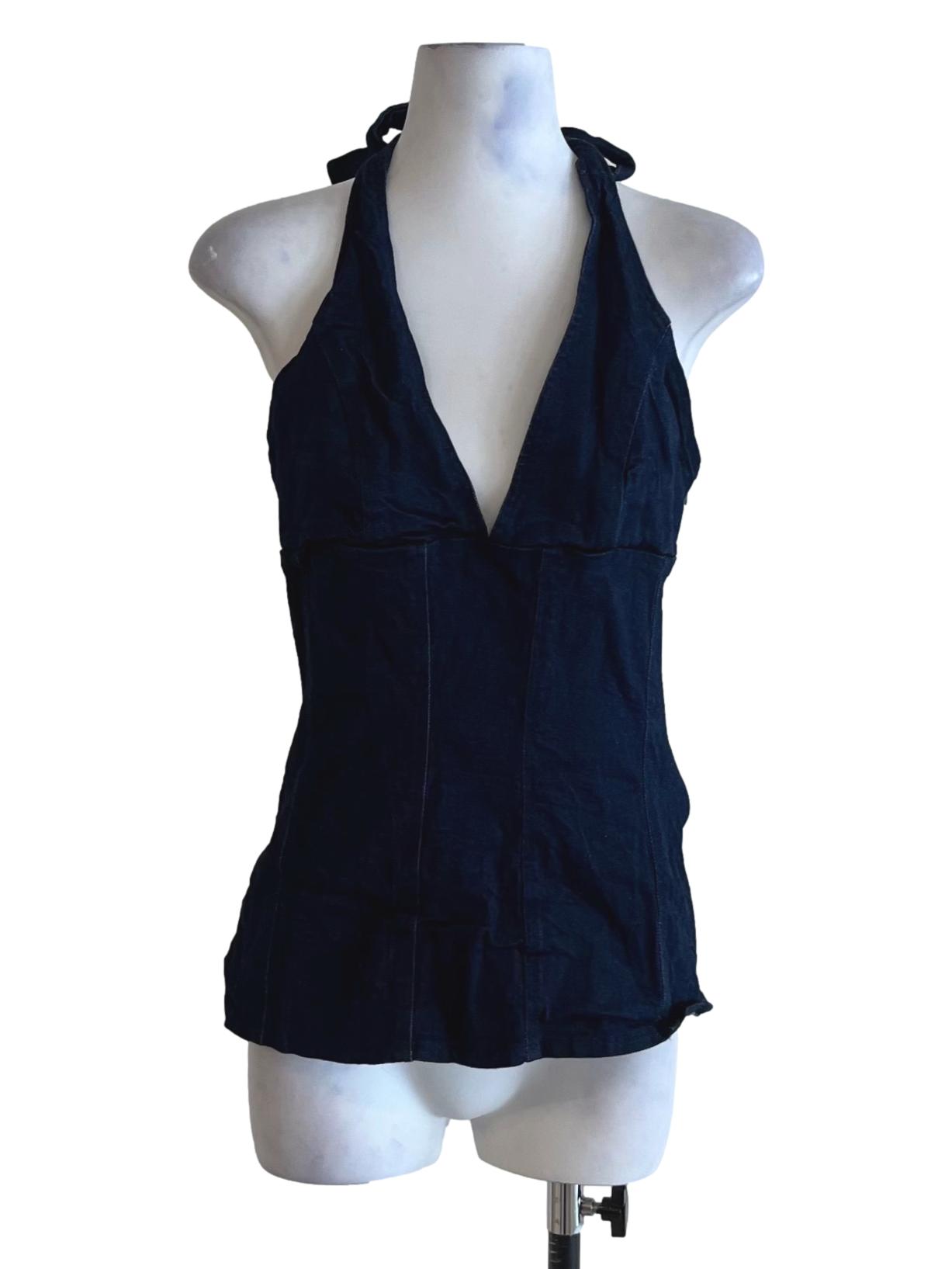 Navy Blue Denim Halter Neckline Sleeveless Top