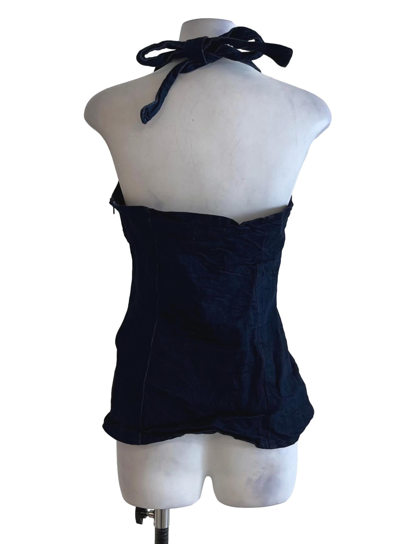 Navy Blue Denim Halter Neckline Sleeveless Top