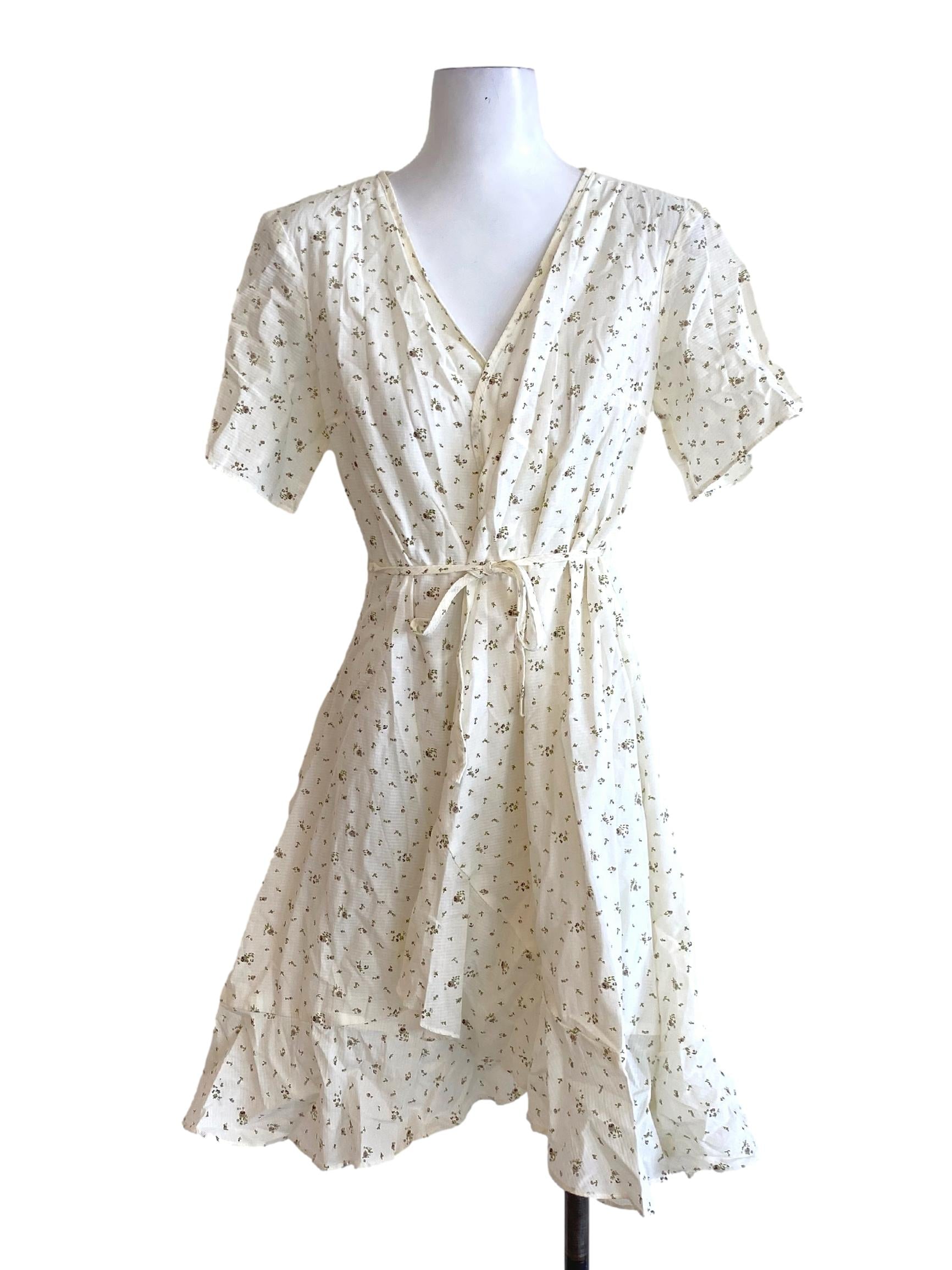 Cream White V-Neck Tie Waist Ruffle Slip Dress