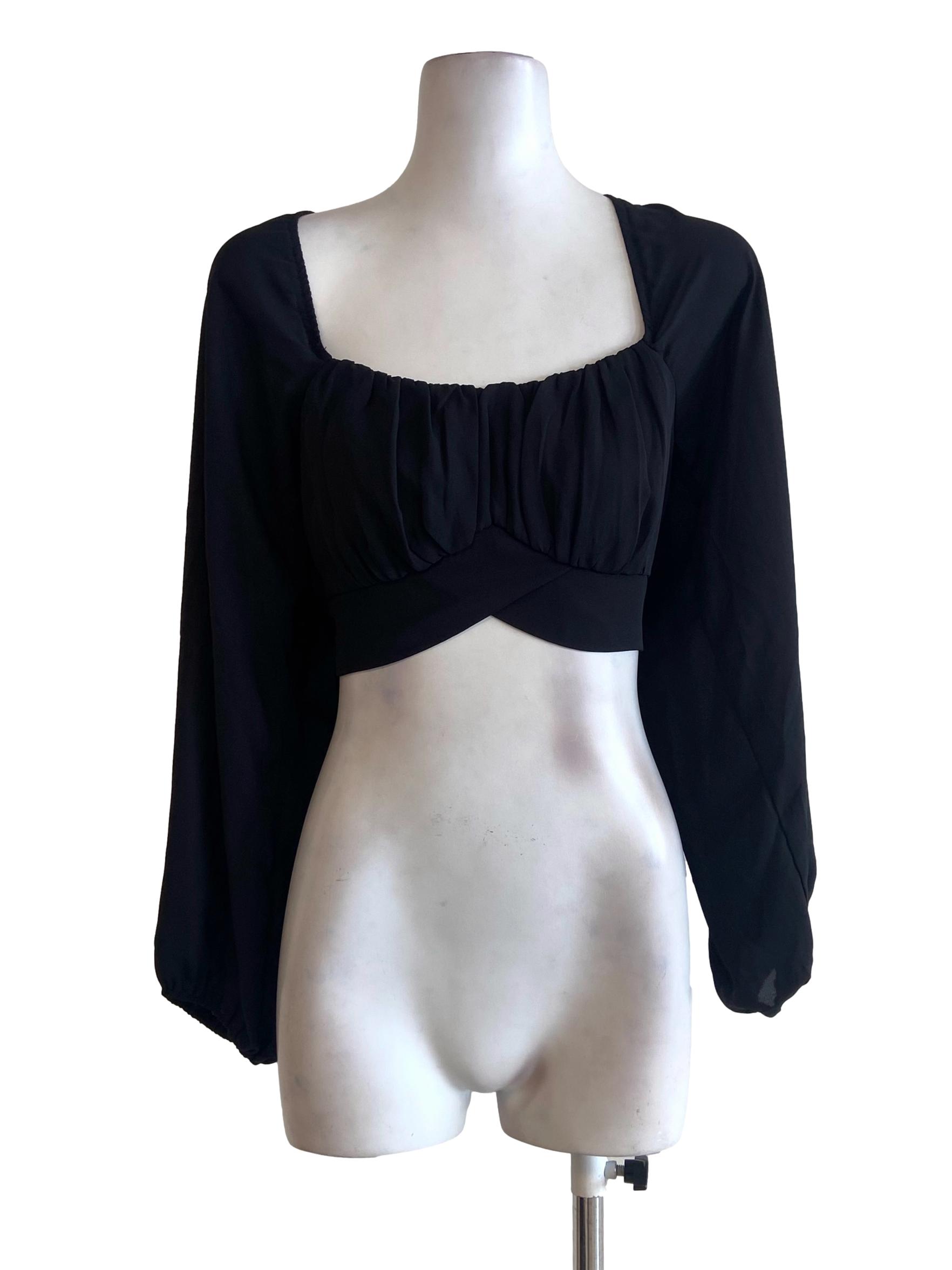 Black Square Neck Twill Crop Blouse