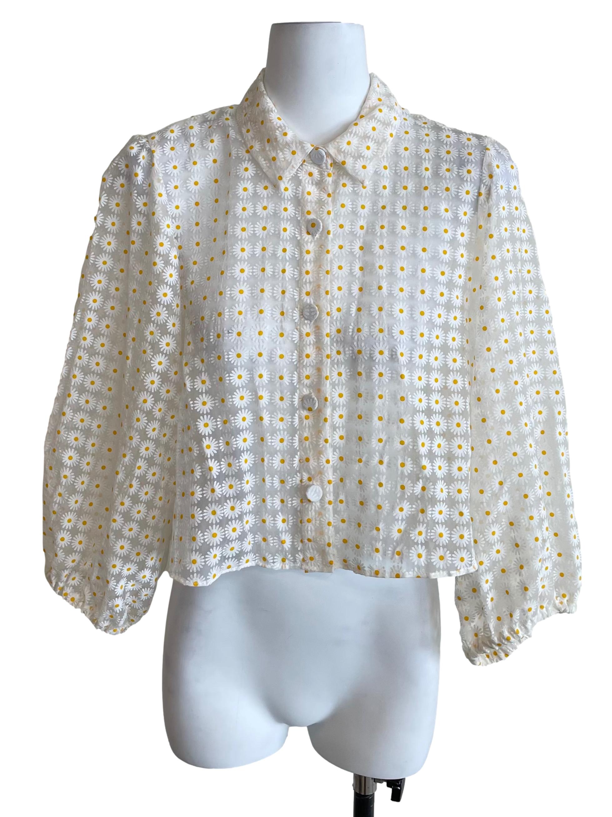 White Daisy Puff Sleeves Sheer Blouse