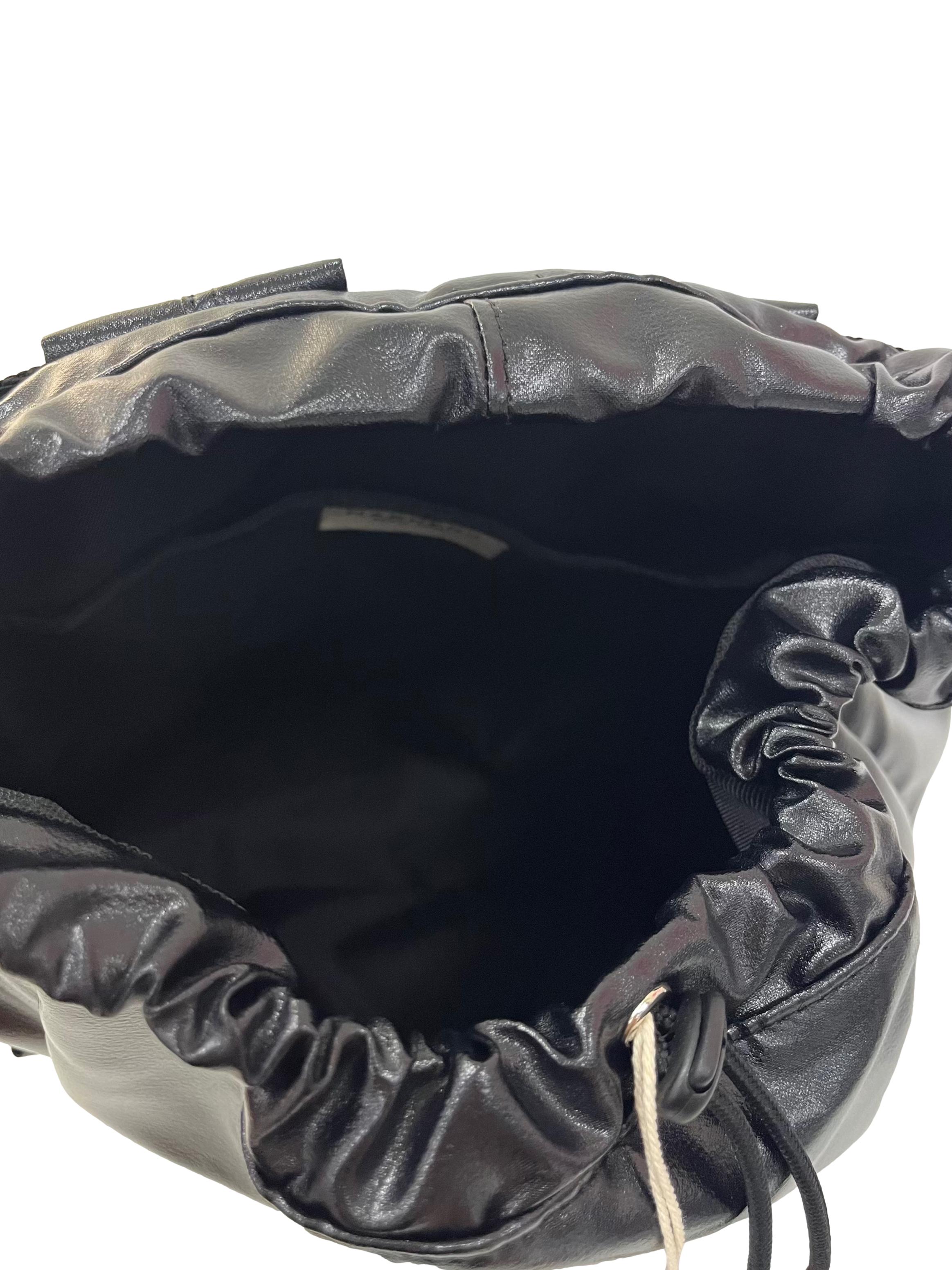 Black Textured Backpack With Drawstring Closure