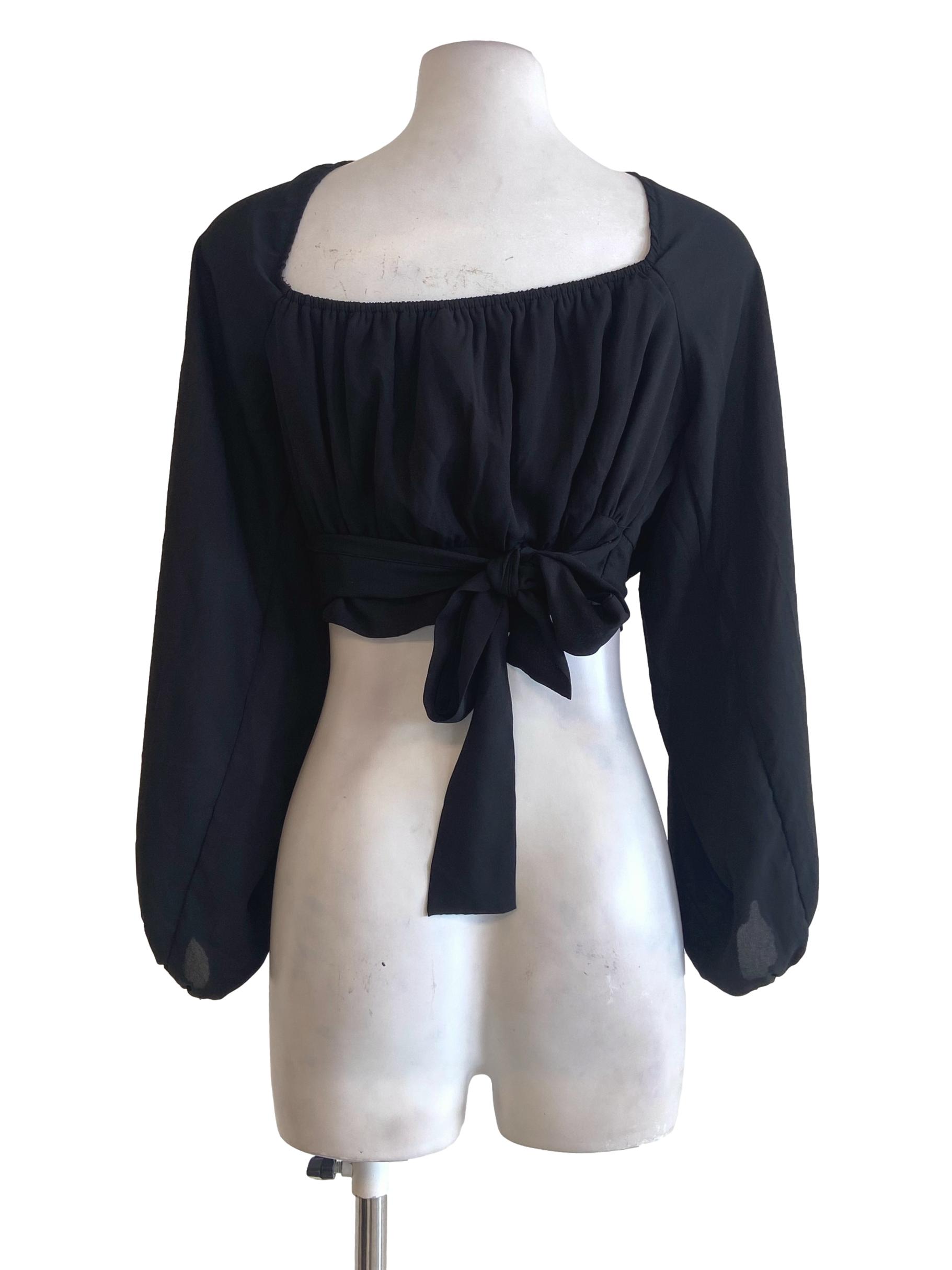 Black Square Neck Twill Crop Blouse