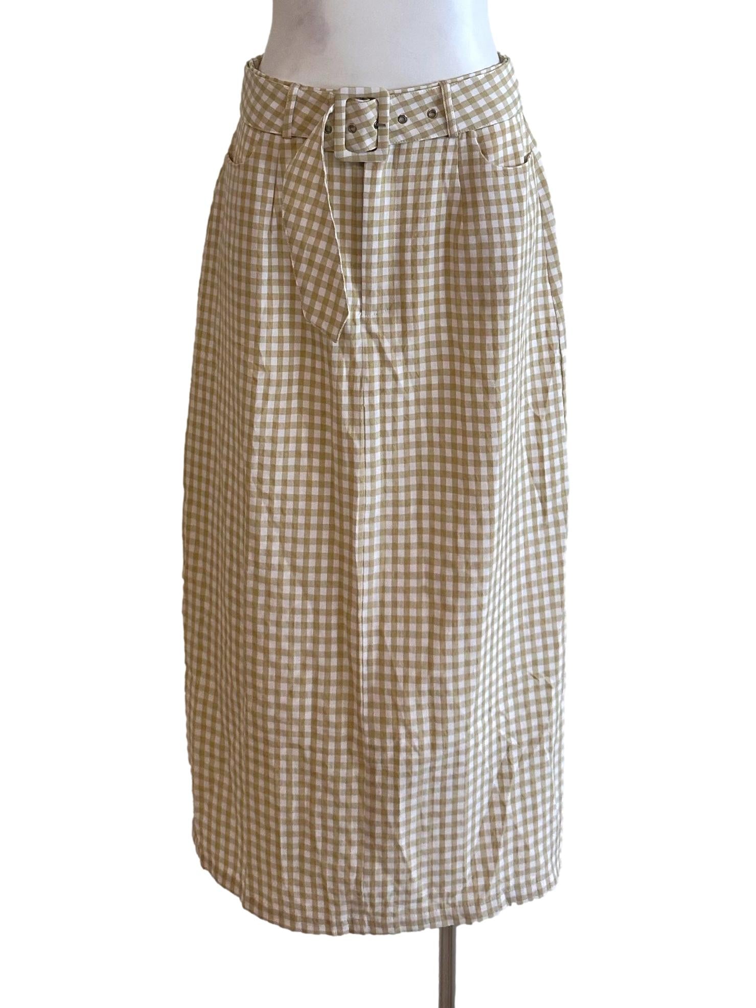 Khaki Brown Plaid Pencil Skirt With Belt TCL
