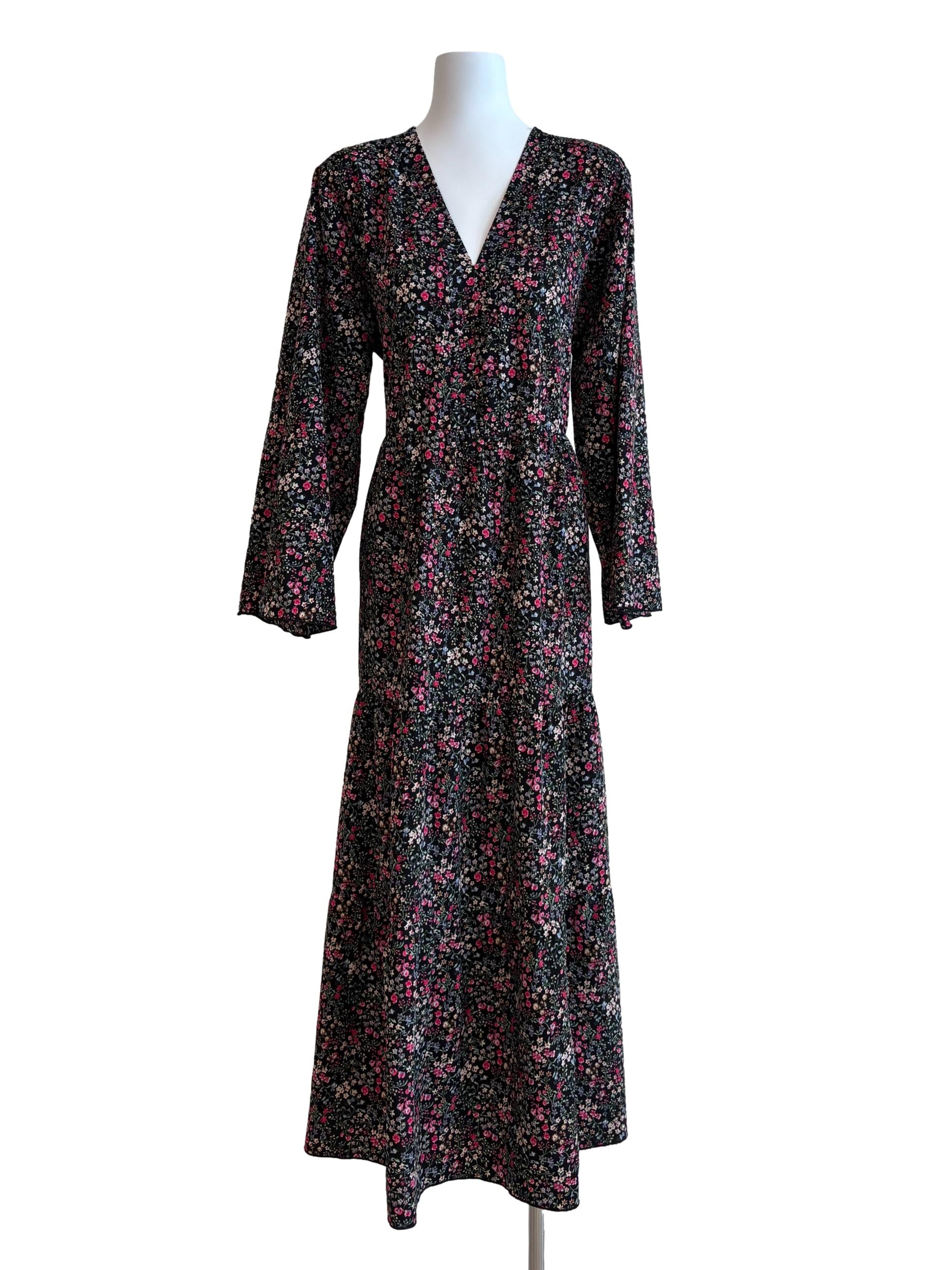Black Pink Floral Long Sleeve Dress