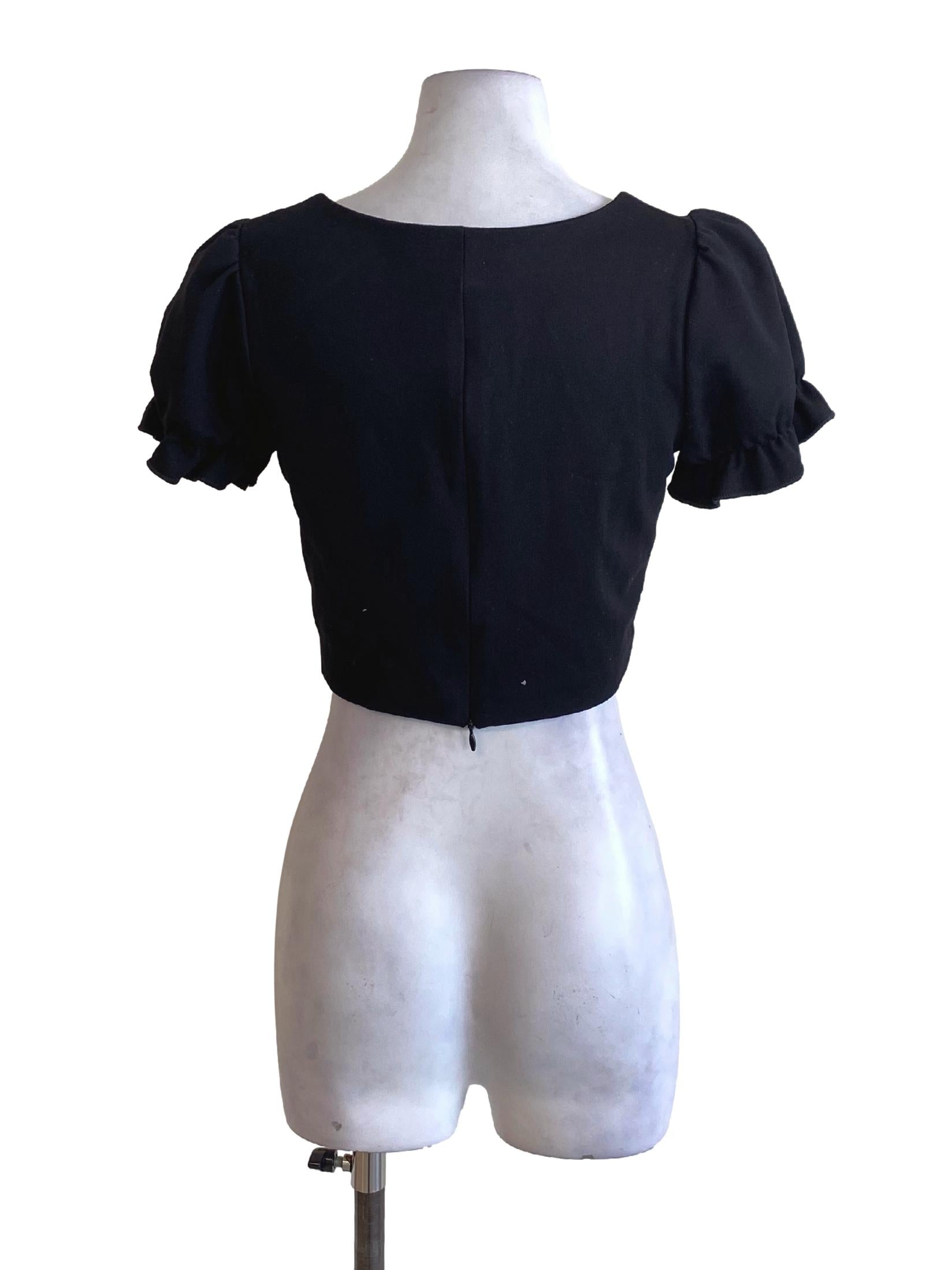 Rich Black Poet Sleeve Casual Cropped Top