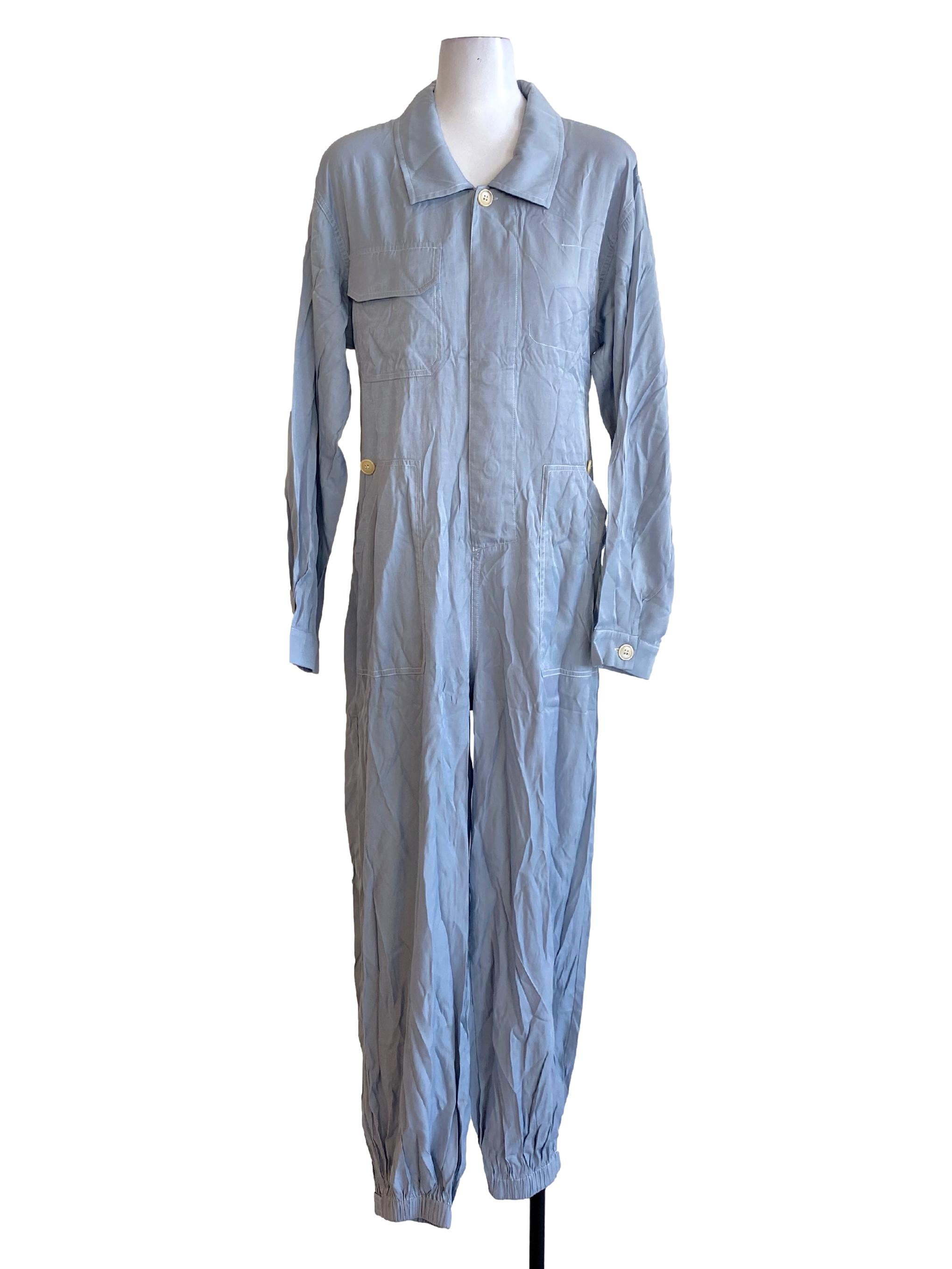 Pastel Blue Wing Collar Long Sleeve Shirt Track Jumpsuit
