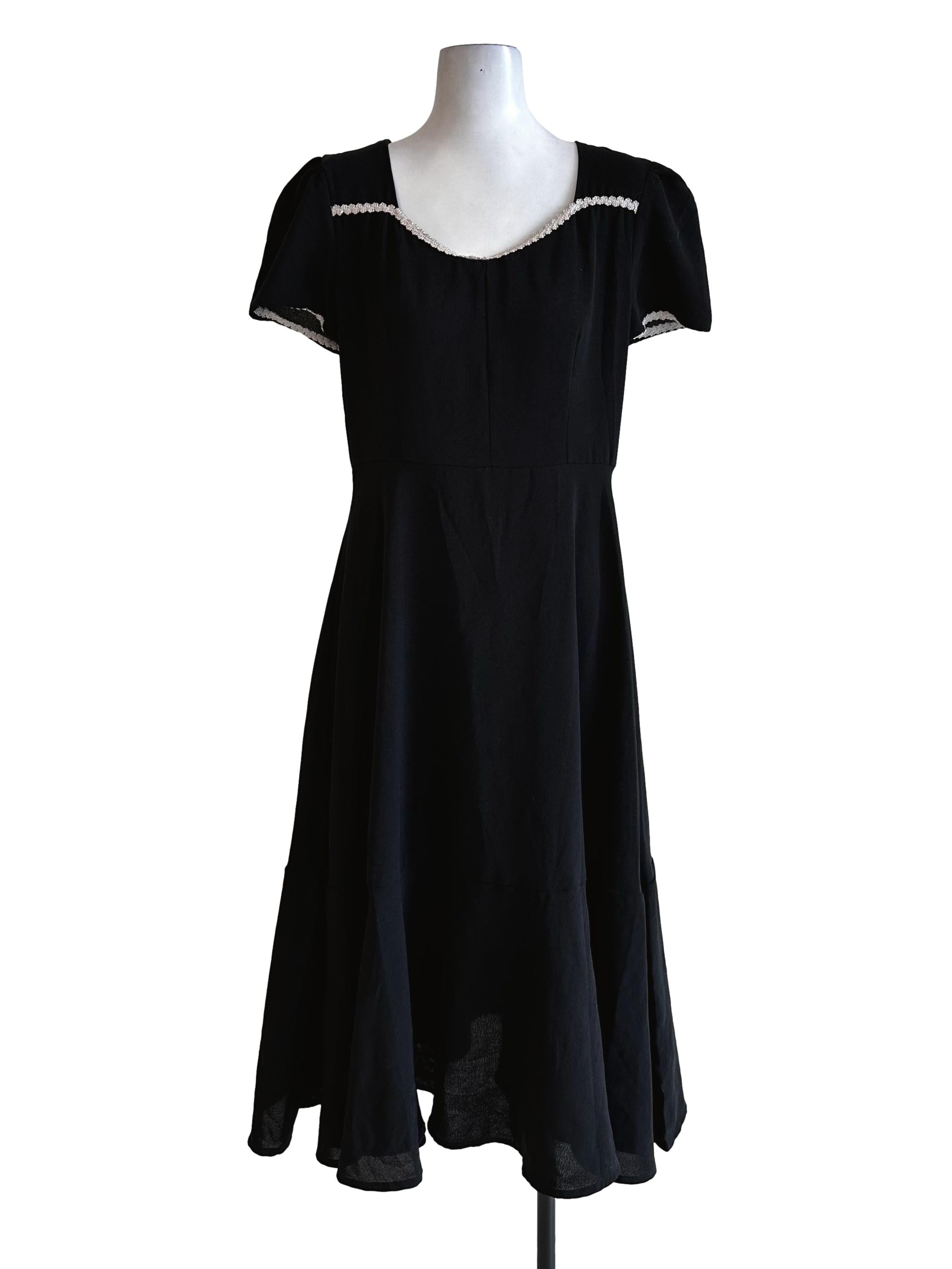 Black Embroidered Flower Neckline Dress