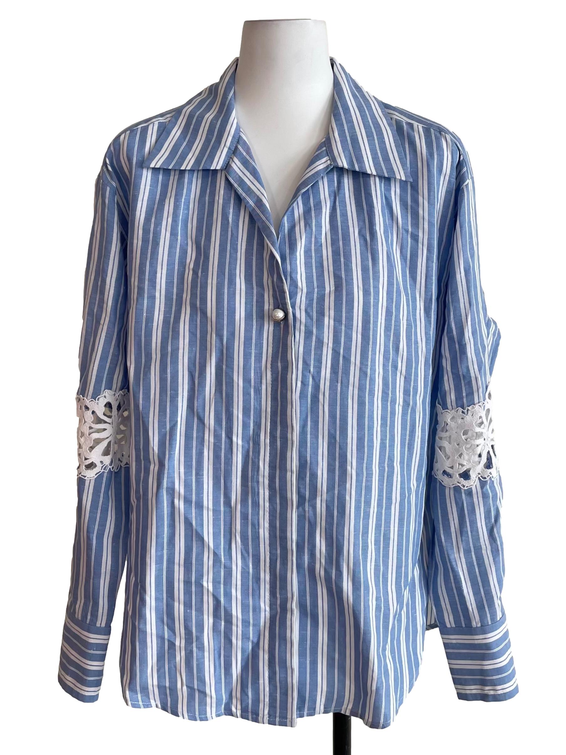 Blue Stripes Hollow Sleeves Blouse