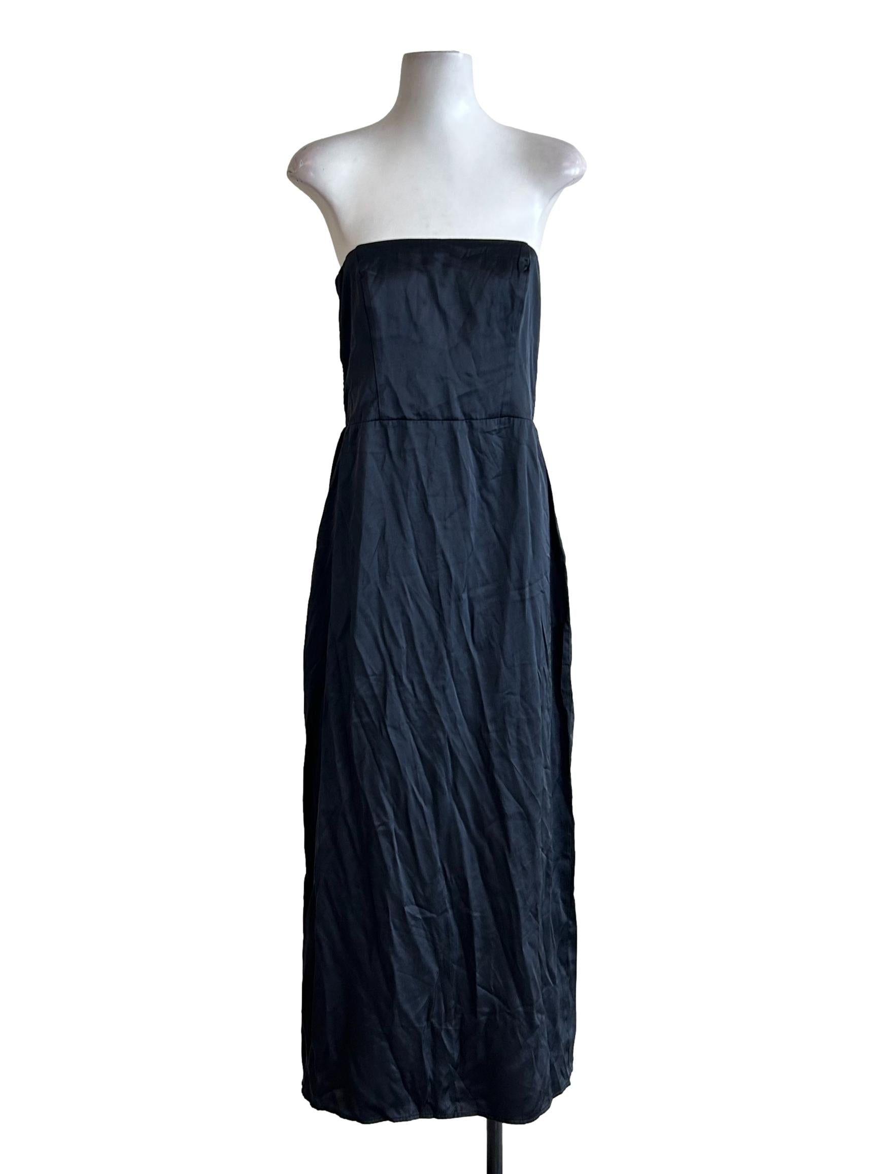 Black Satin Strapless Slit Dress