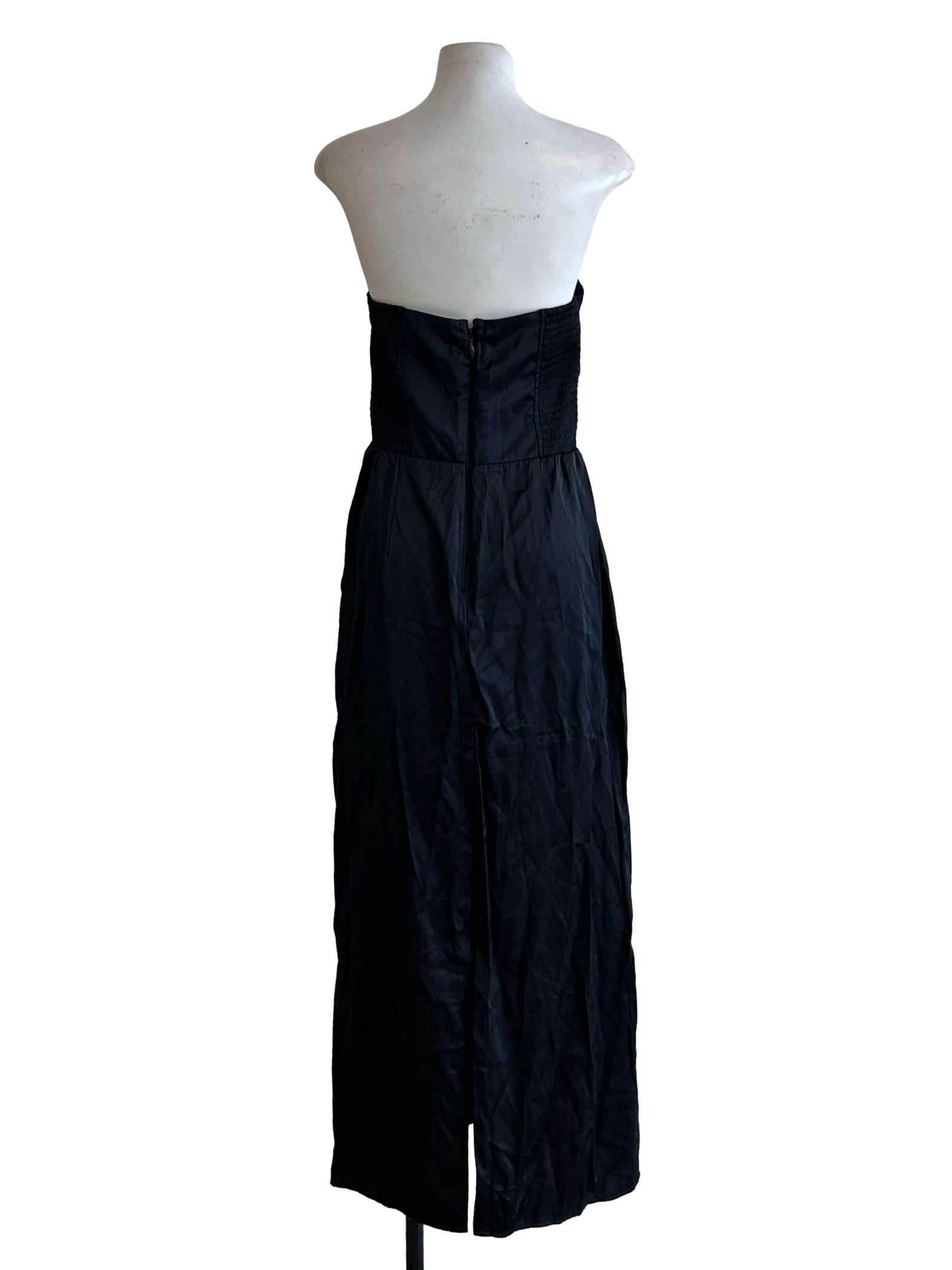 Black Satin Strapless Slit Dress