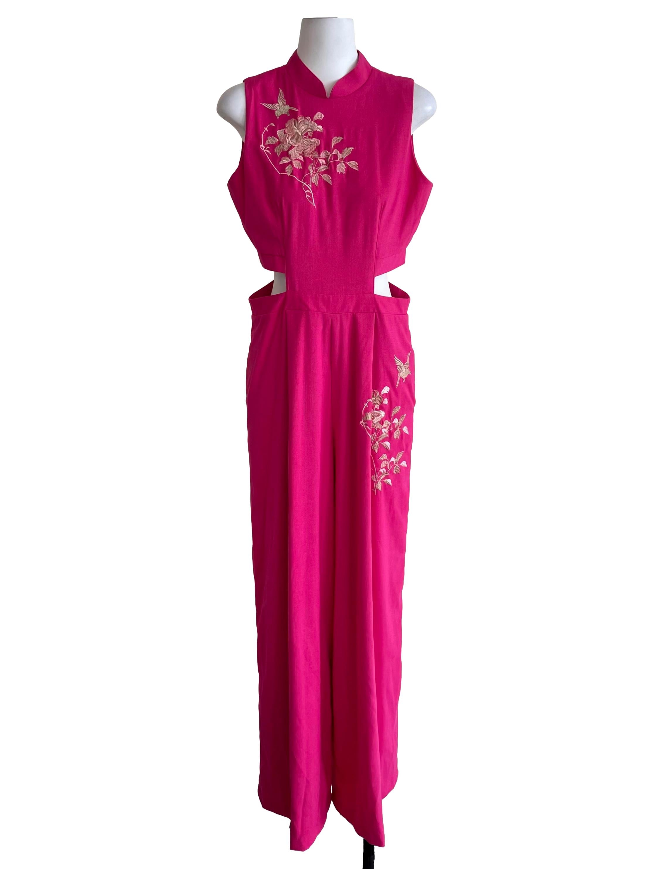 Hot Pink Open Waist Cheongsam Jumpsuit