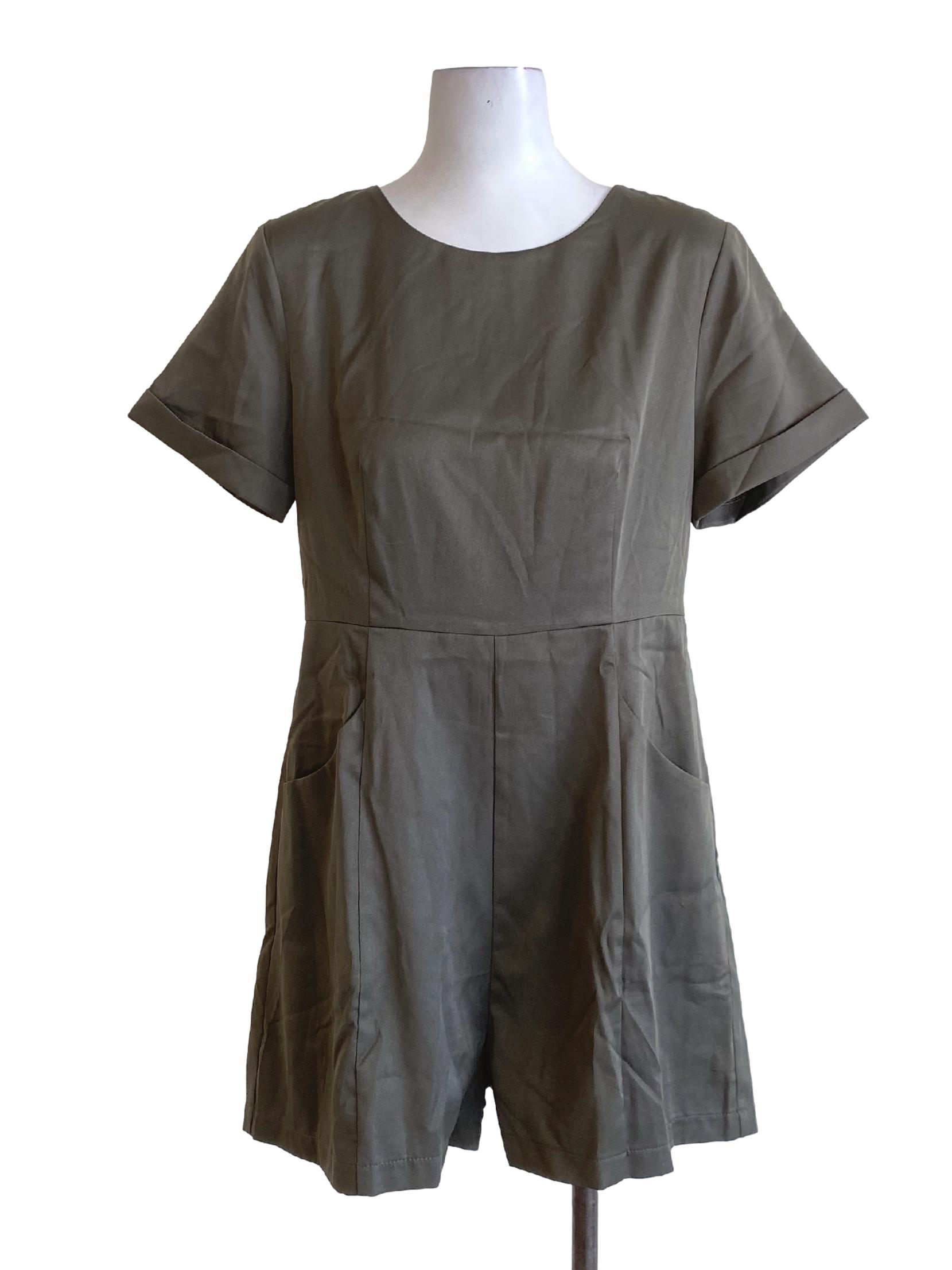 Dark Juniper Green Round Neck Rolled Up Sleeve Shirt Romper