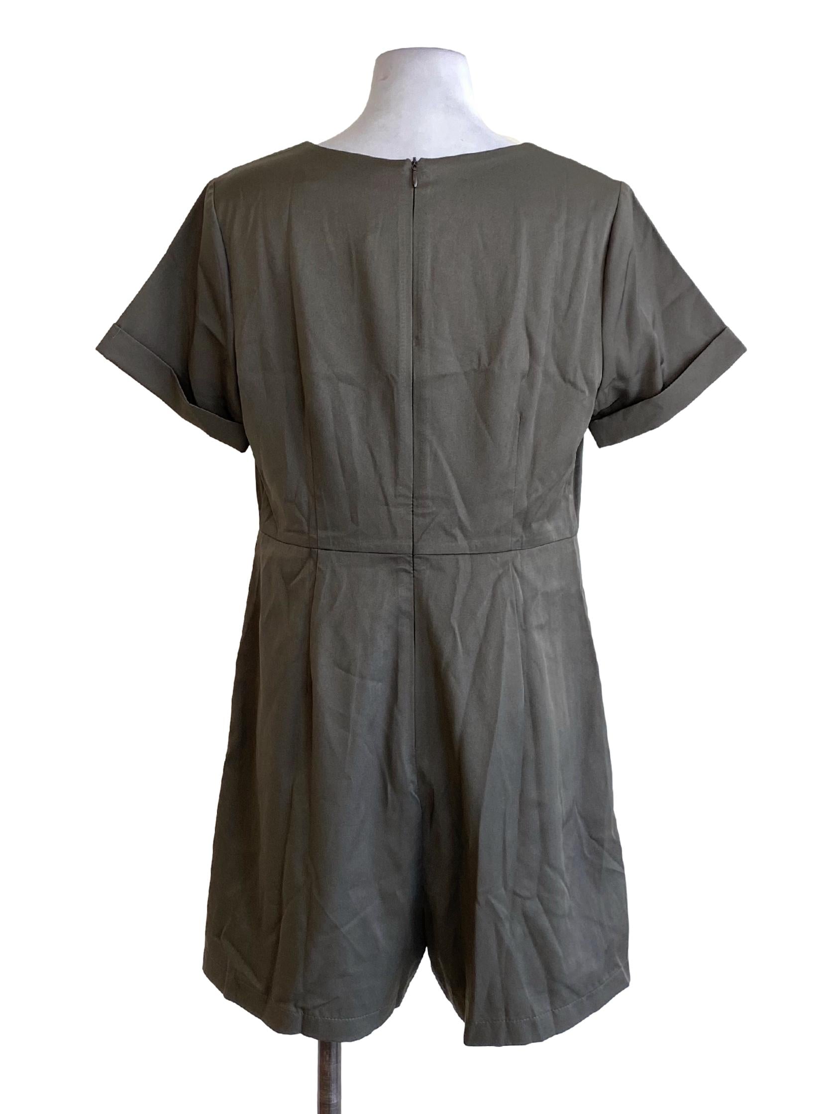 Dark Juniper Green Round Neck Rolled Up Sleeve Shirt Romper