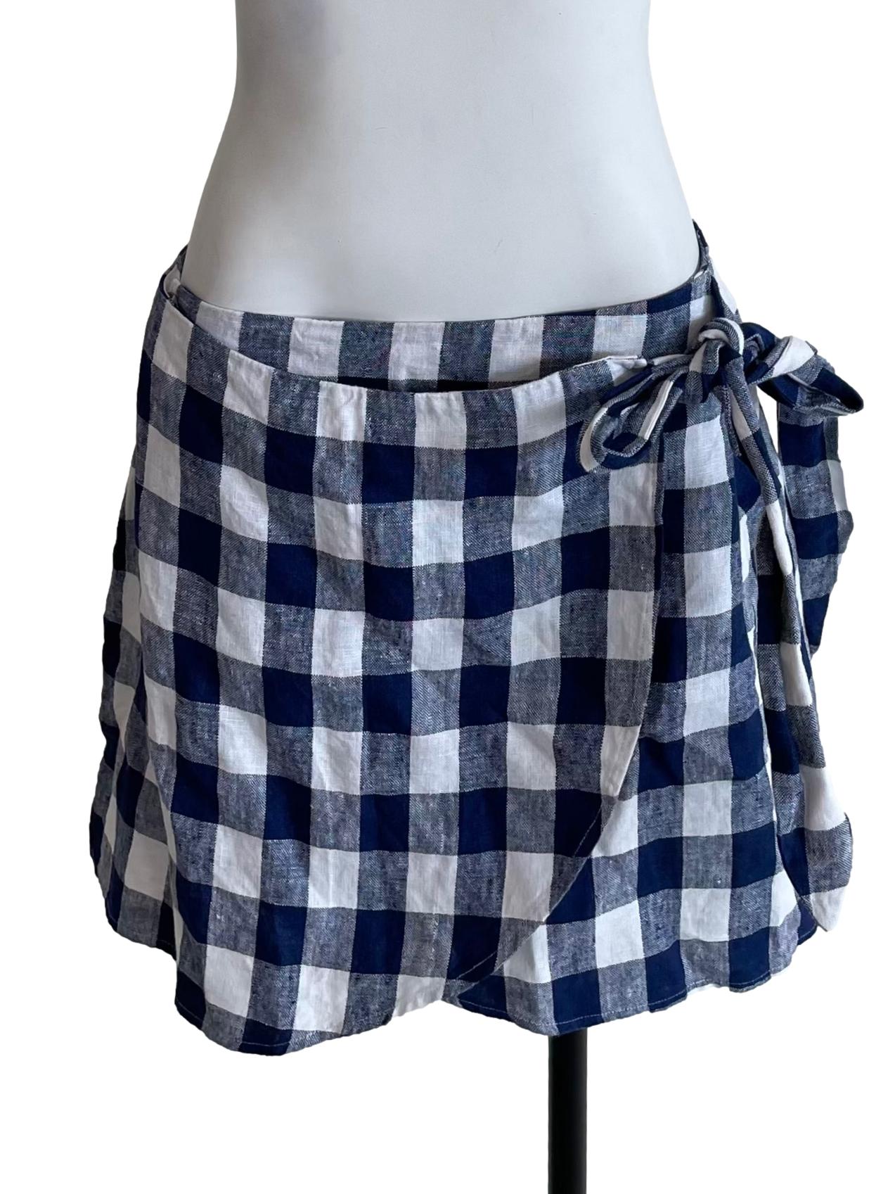 Navy Gingham Wrap Mini Skirt