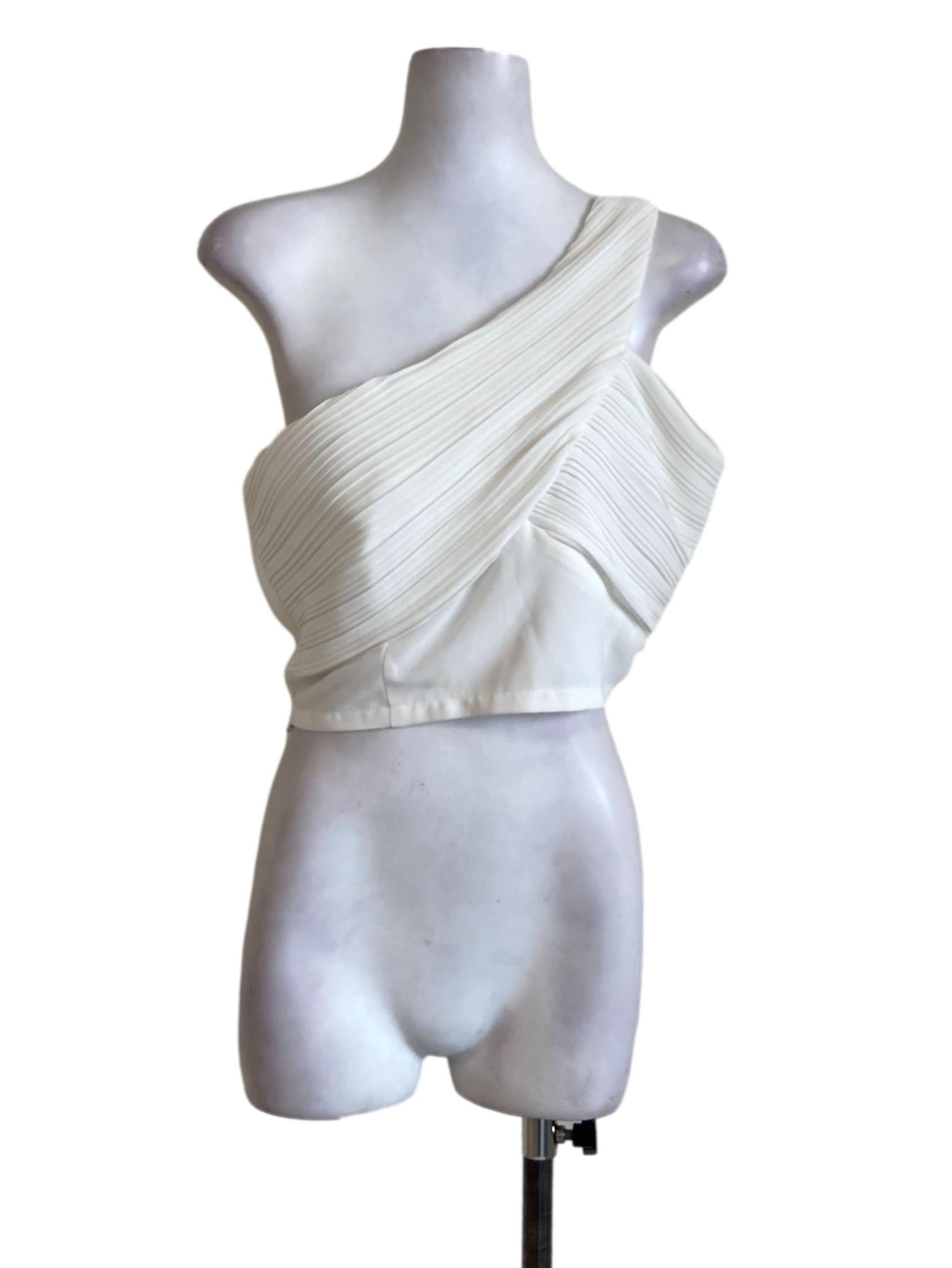 Pearl White Asymmetric Neck Accordion Crop Top