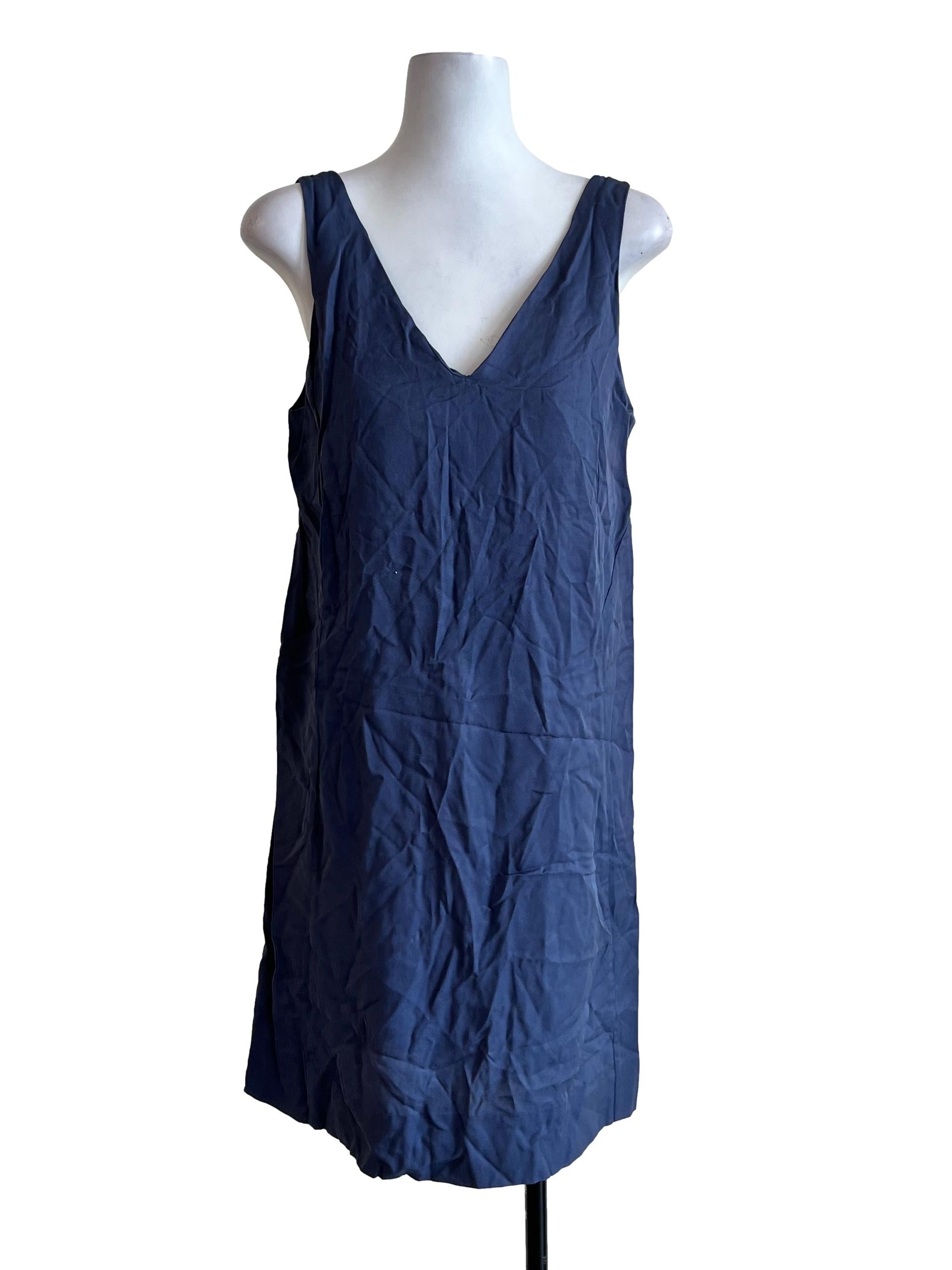 Blue Plain V Neck Dress